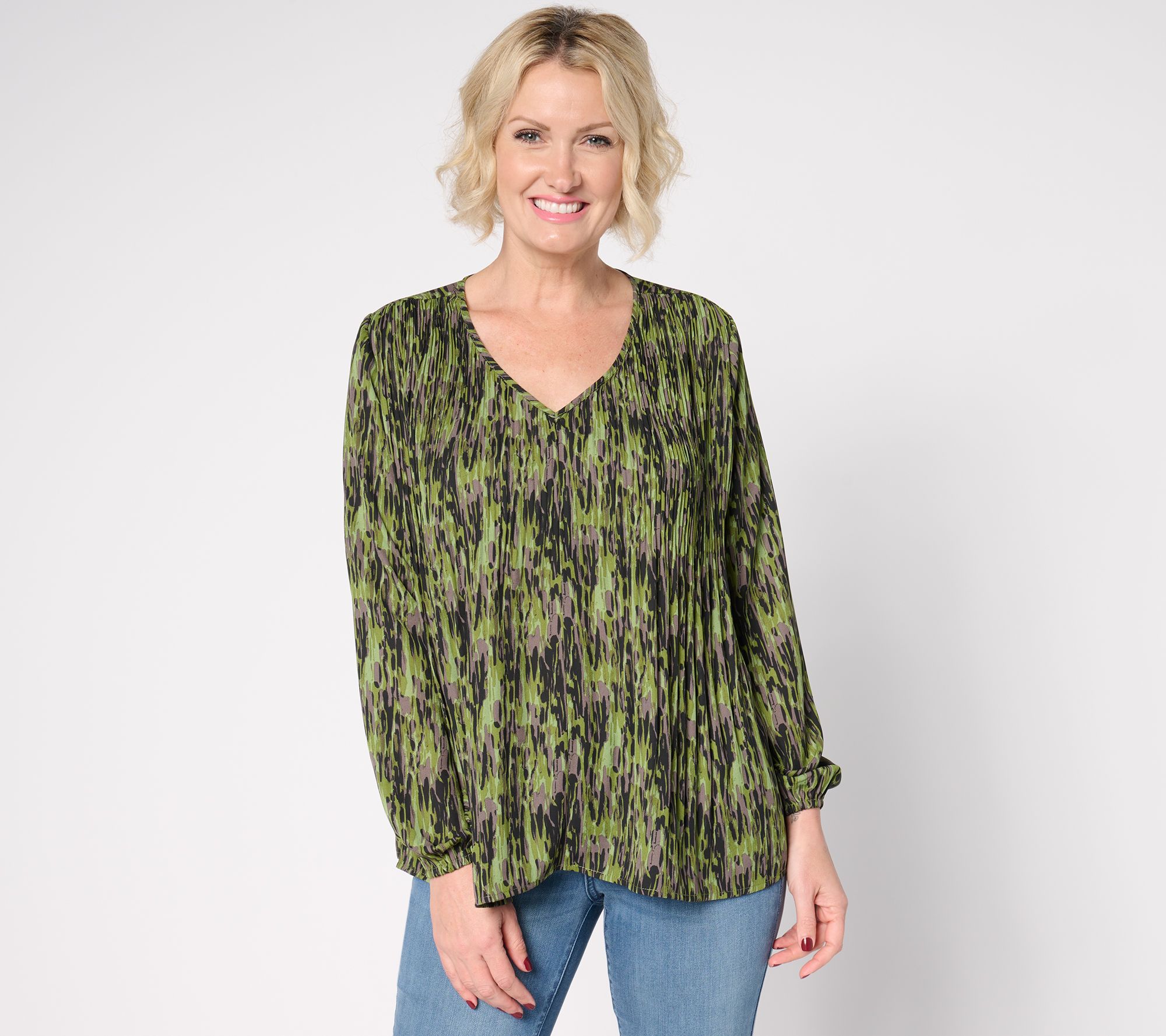 Belle by Kim Gravel Micropleat V-Neck Printed Blouse