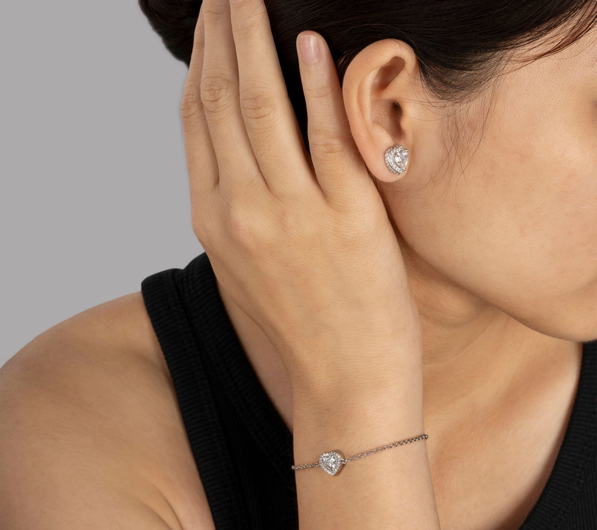 Diamonique Heart Bracelet & Stud Earrings Set,Sterling Silver