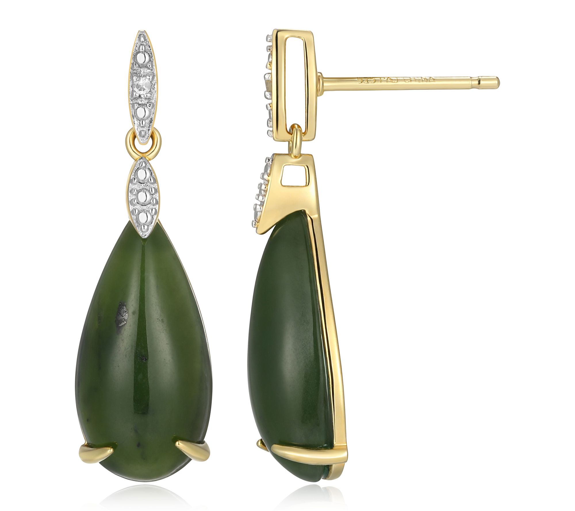 Dynasty Jade Pear Shaped Stud Earrings, 18k Gold Plated
