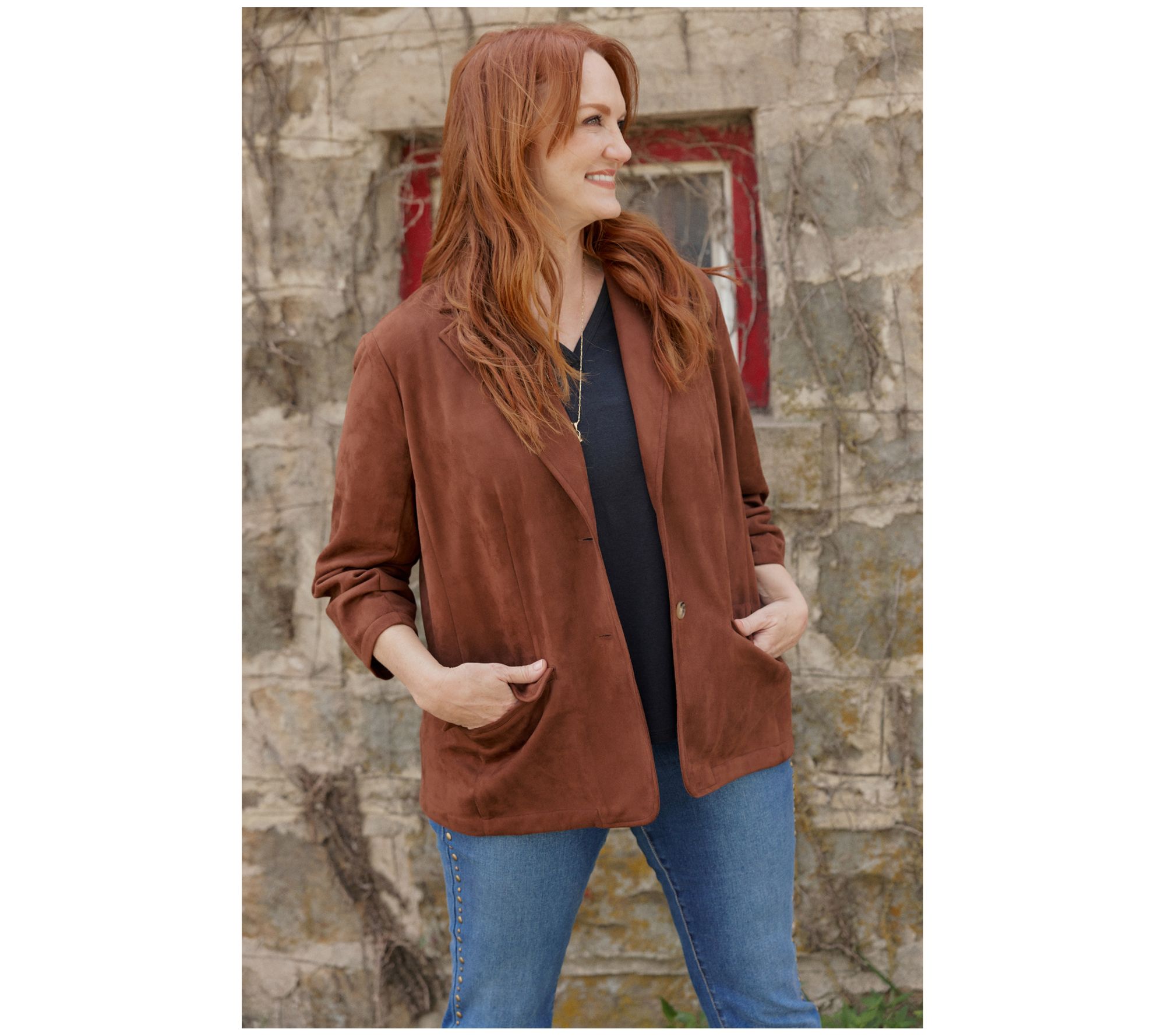 Ree by The Pioneer Woman Regular Suede Scrunched Sleeve Blazer