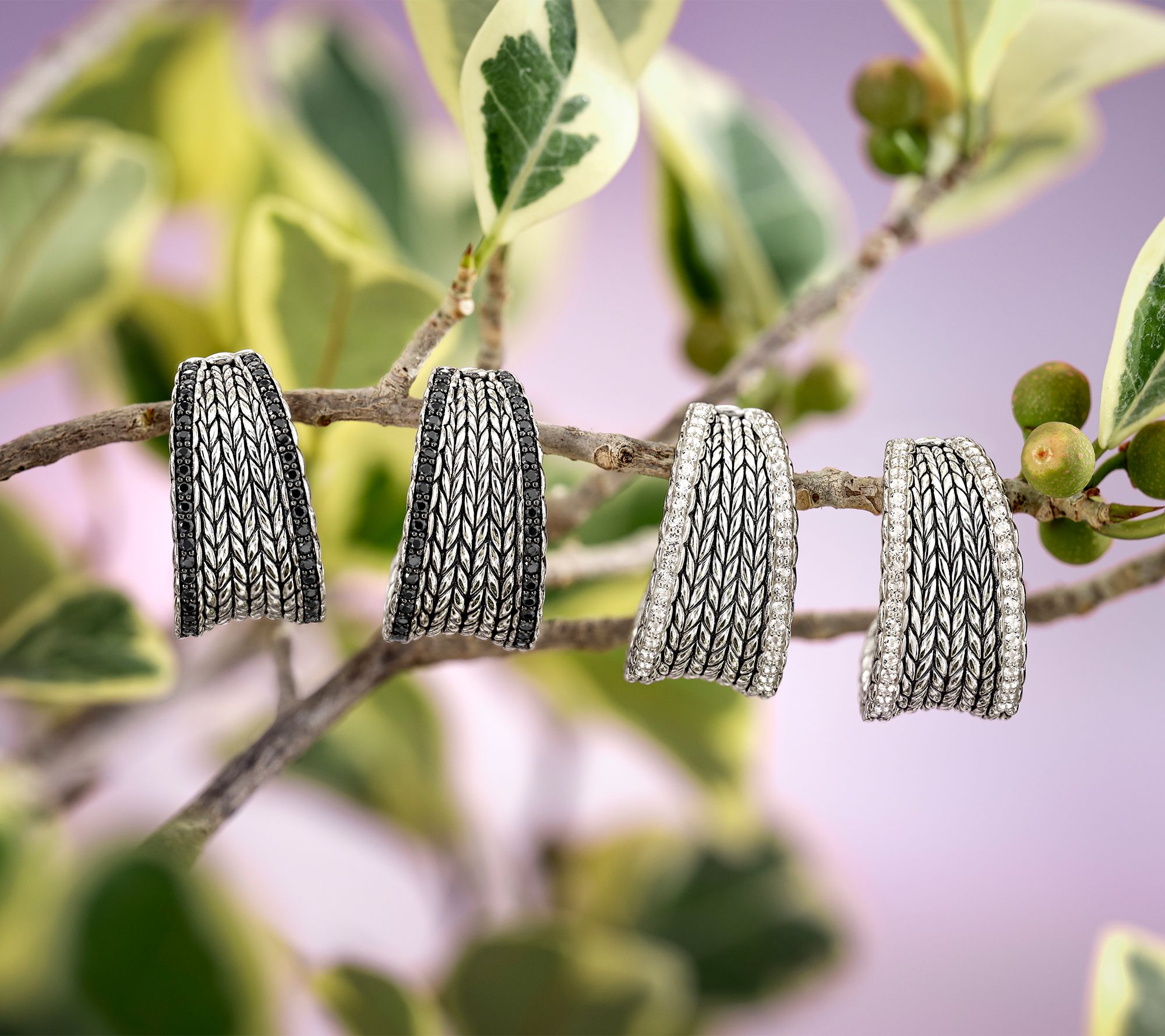 JAI Sterling Silver Pave Gemstone Saddle Hoop Earrings