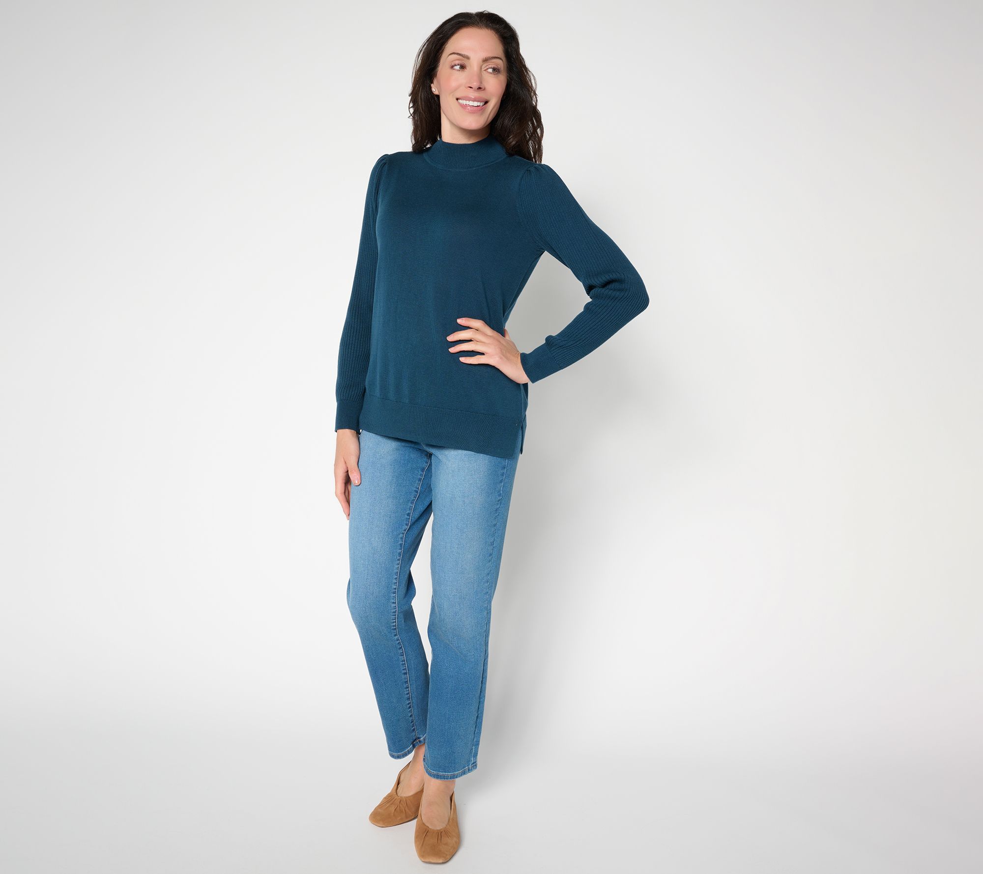 Belle by Kim Gravel Ribbed Blouson Sleeve Mock Neck Sweater