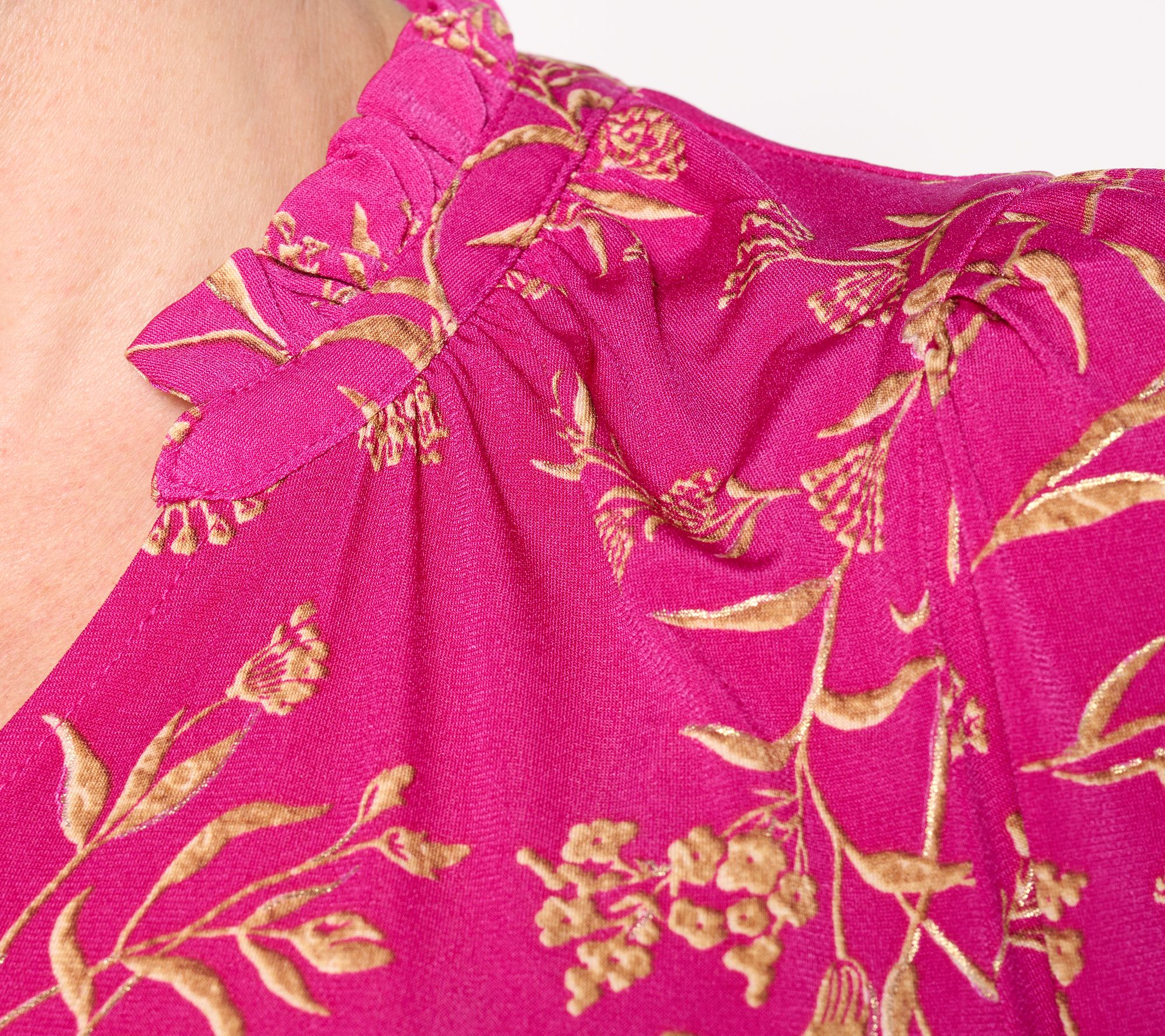 Susan Graver Printed Liquid Knit Bracelet Sleeve Split Neck Top