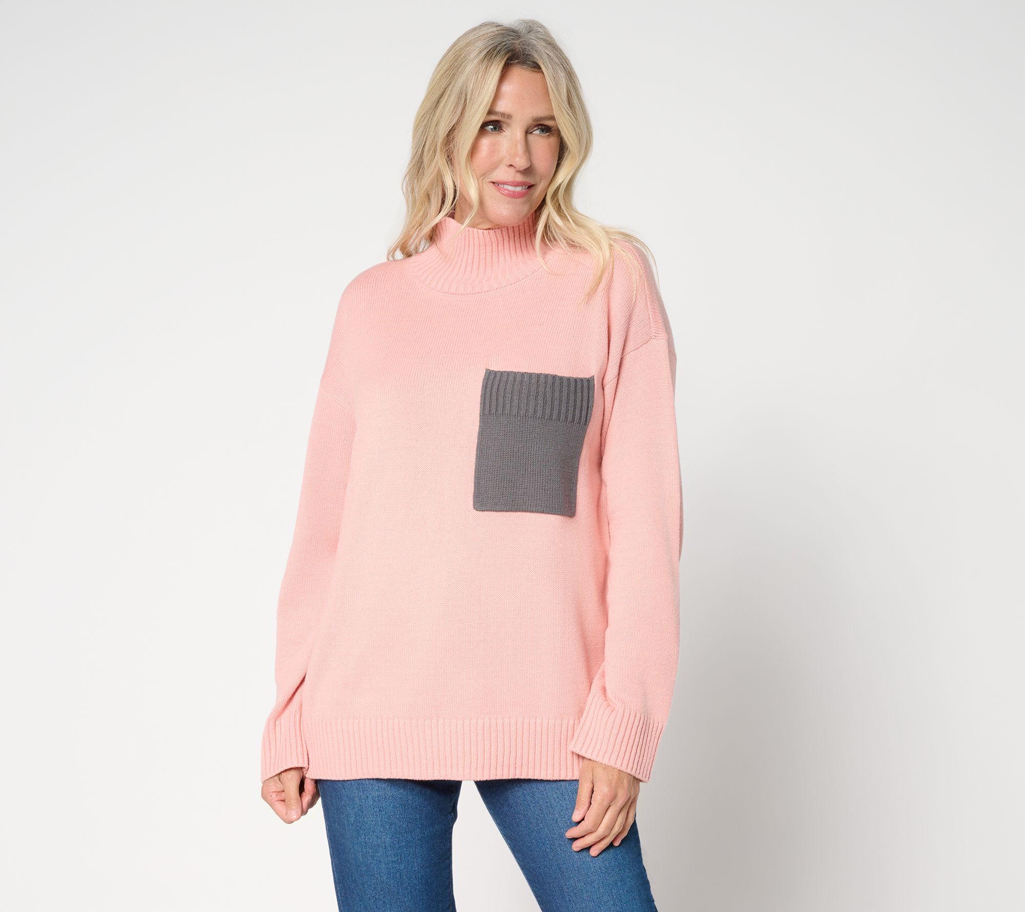 Peace Love World Cotton Turtleneck Color Block Pocket Sweater