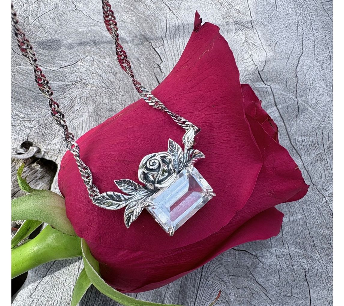 Third Person Sterling Emerald Cut Gemstone Rose Necklace