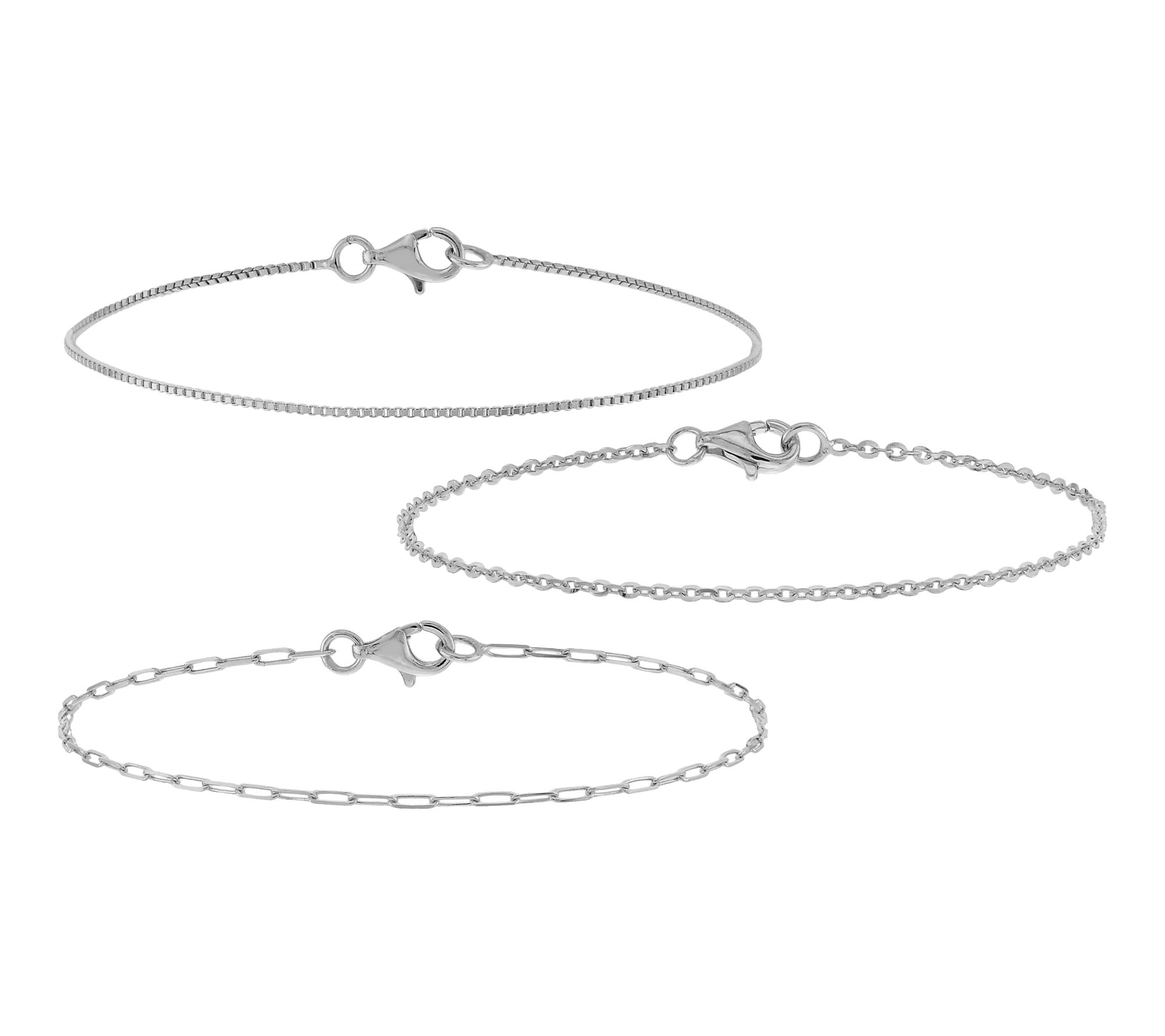 Silver Style Set of Paperclip, Box & Cable Bracelets, Sterling