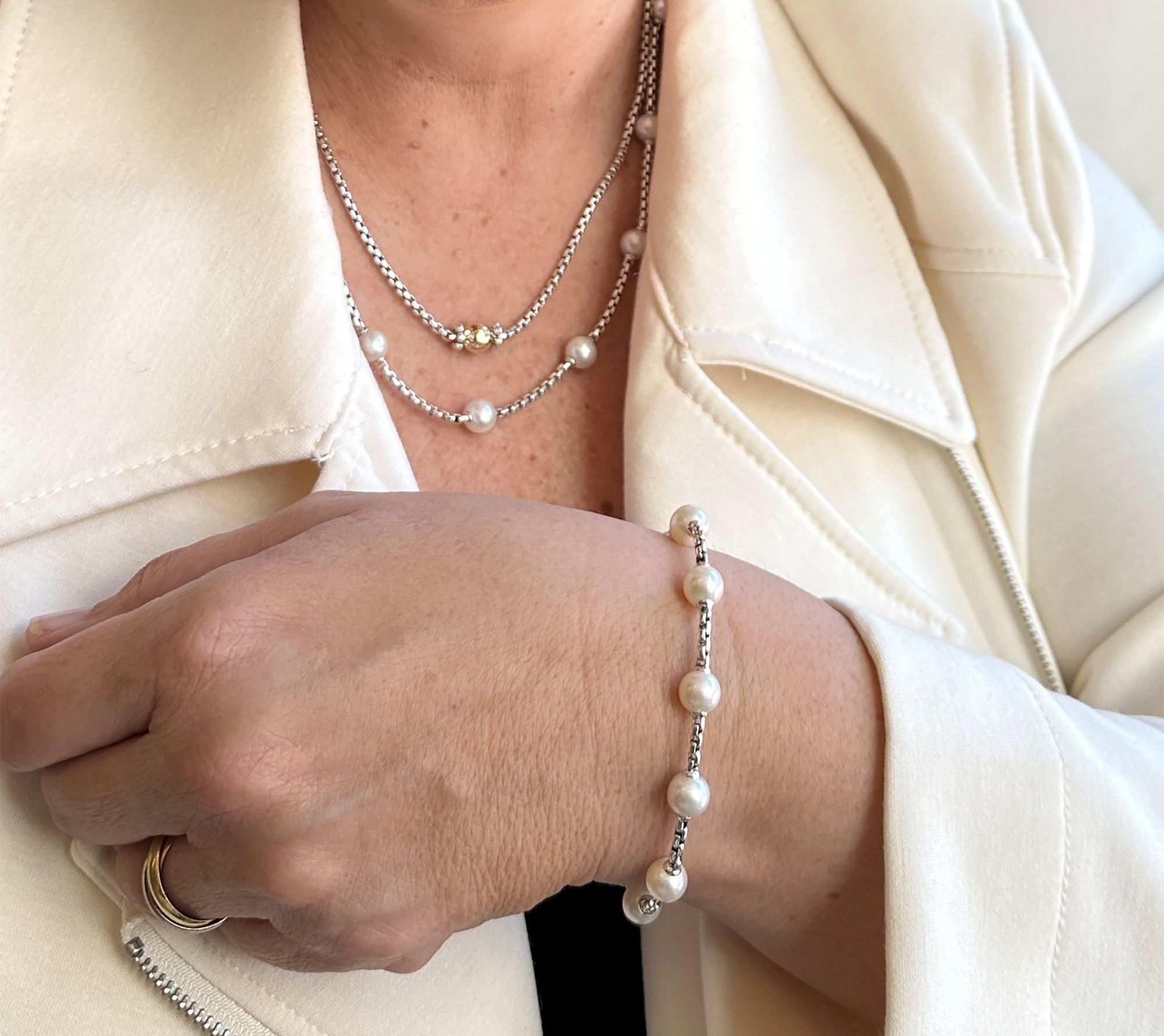 JAI Sterling Silver Cultured Pearl 2.7mm Box Chain Bracelet