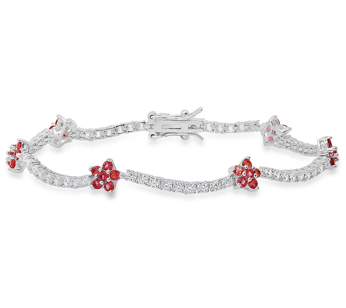 Sterling Silver Pink Simulated Diamond Floral Tennis Bracelet