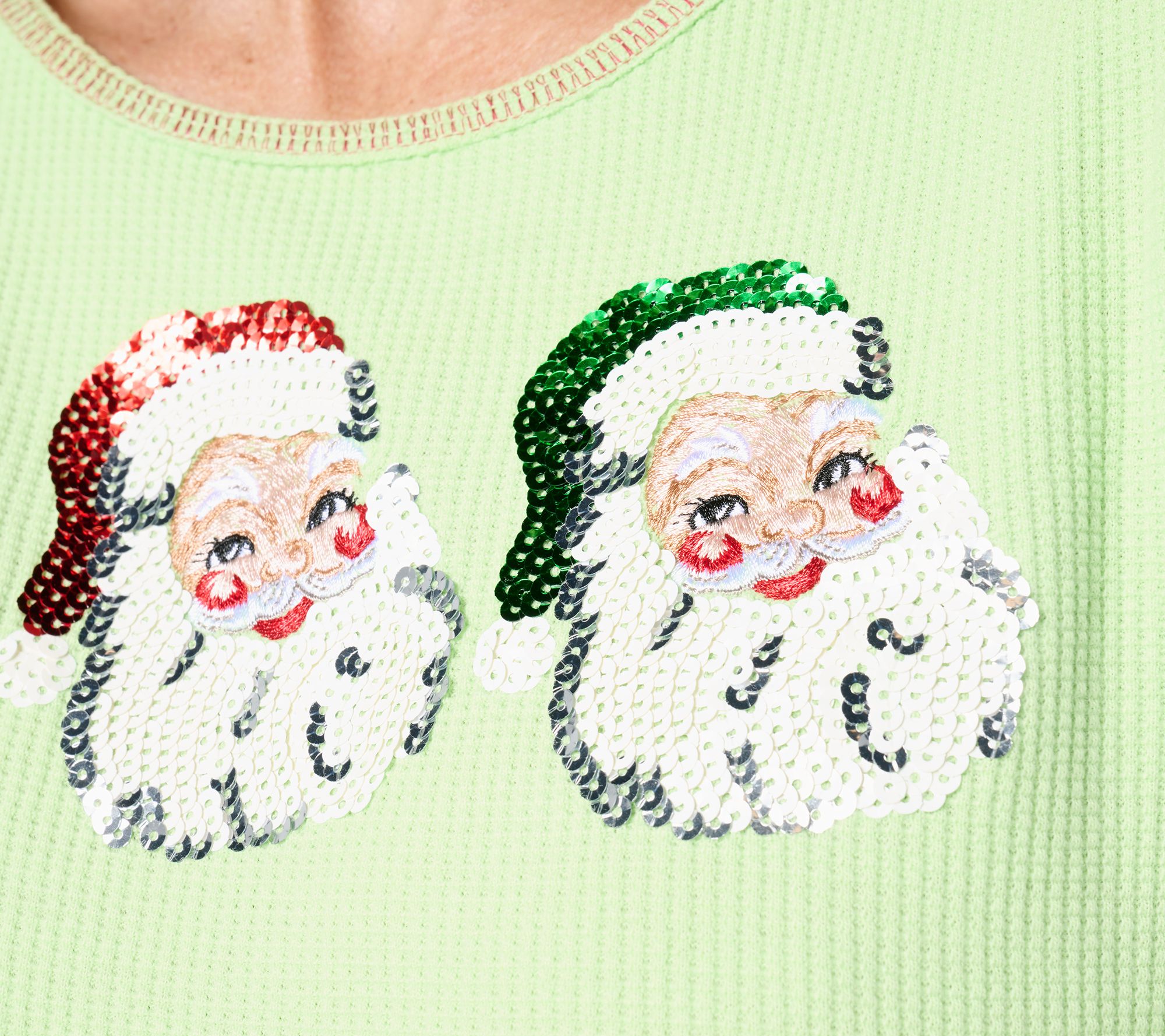 Quacker Factory Glitter Holiday Embellished Waffle Long Sleeve Top