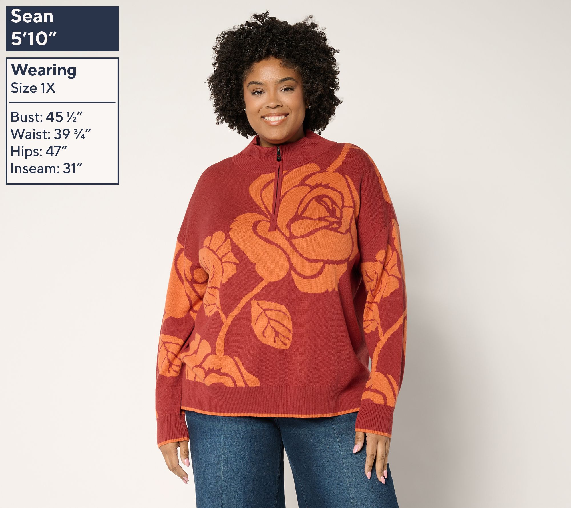 Belle by Kim Gravel Falling for Fall Floral Intarsia Half Zip Sweater