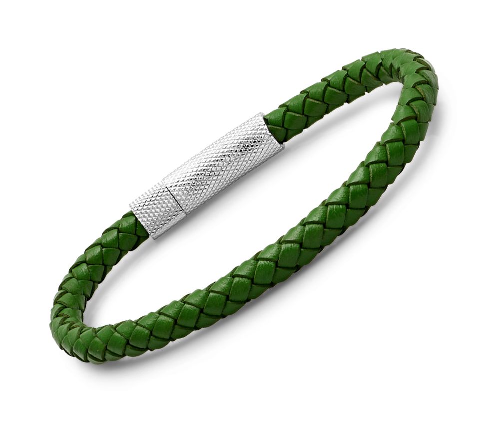 Steel by Design Men's Stainless Steel Green Leather Bracelet