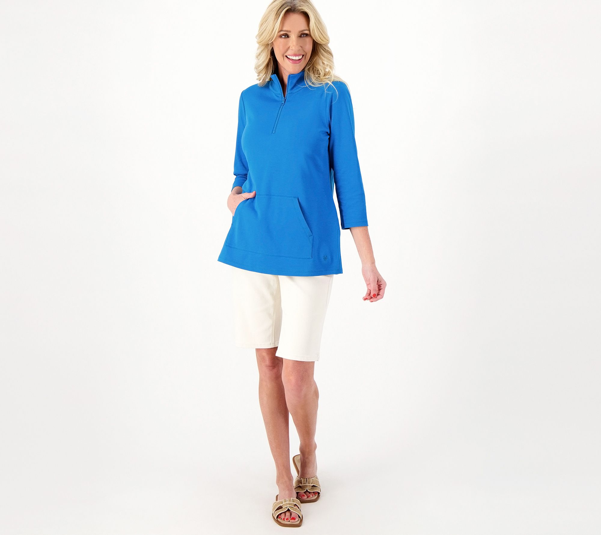 Isaac Mizrahi Live! Essentials Pima Cotton Half Zip 3/4 Sleeve Top