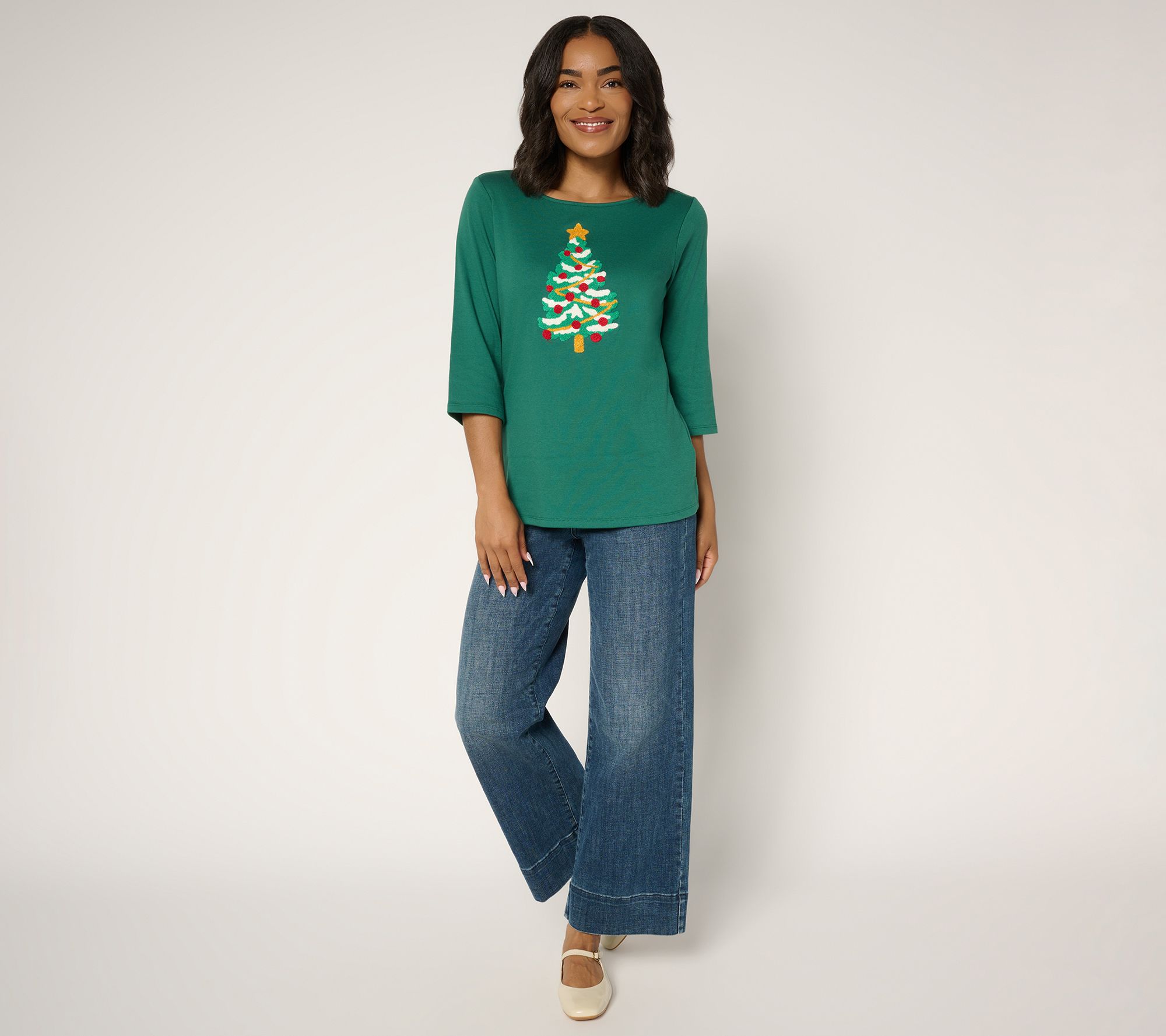 Quacker Factory Punch Needle 3/4 Sleeve Christmas Tree Top