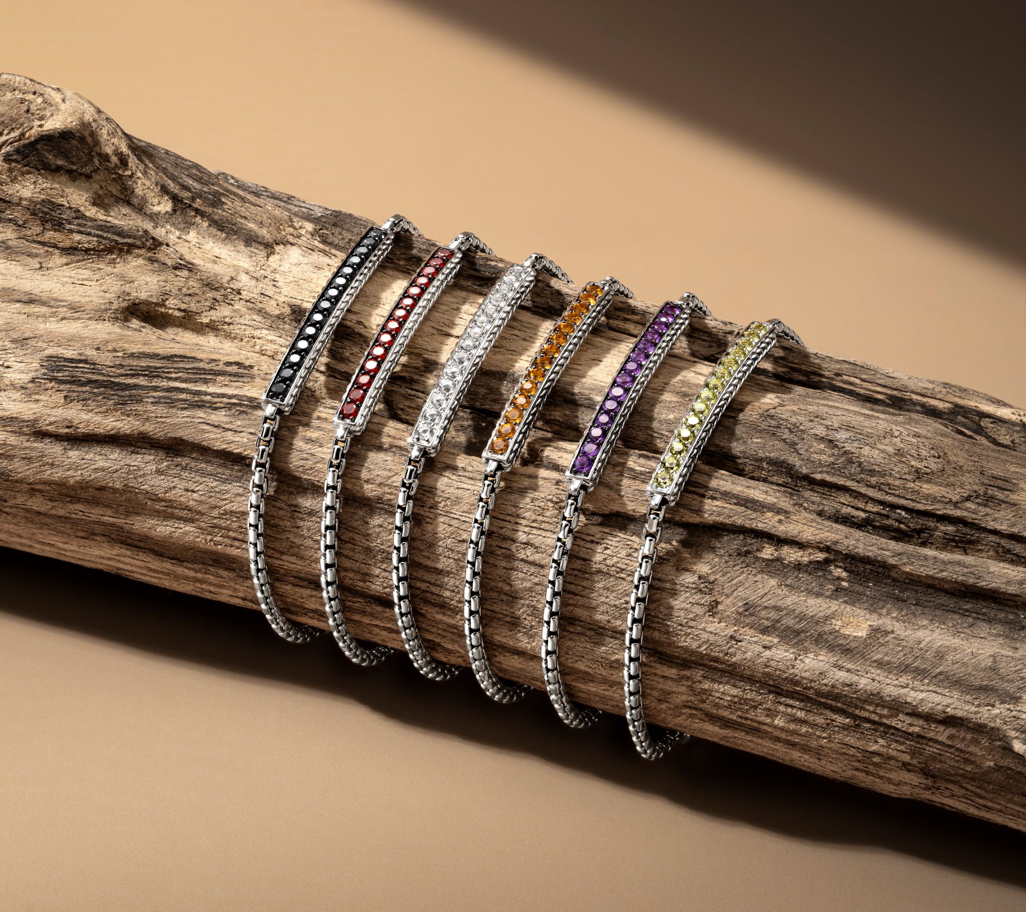 JAI Sterling Silver Gemstone Link Box Chain Bracelet