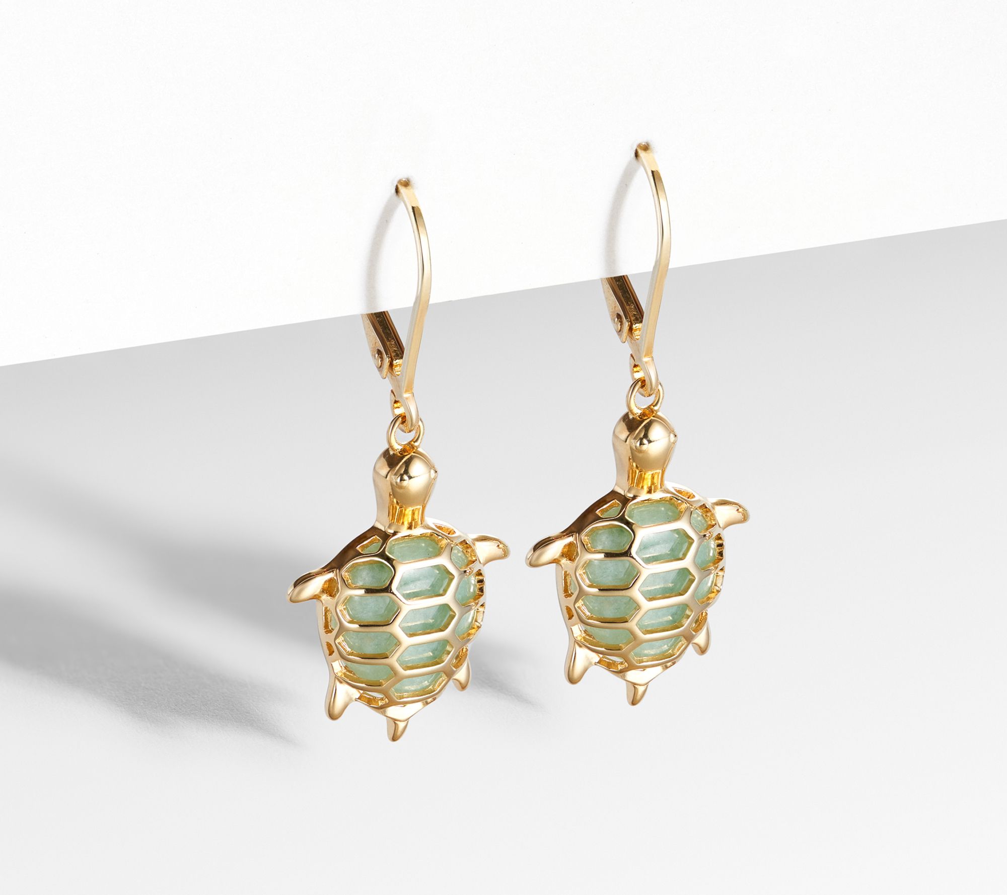 Dynasty Jade Turtle Leverback Earrings, 18k Gold Plated