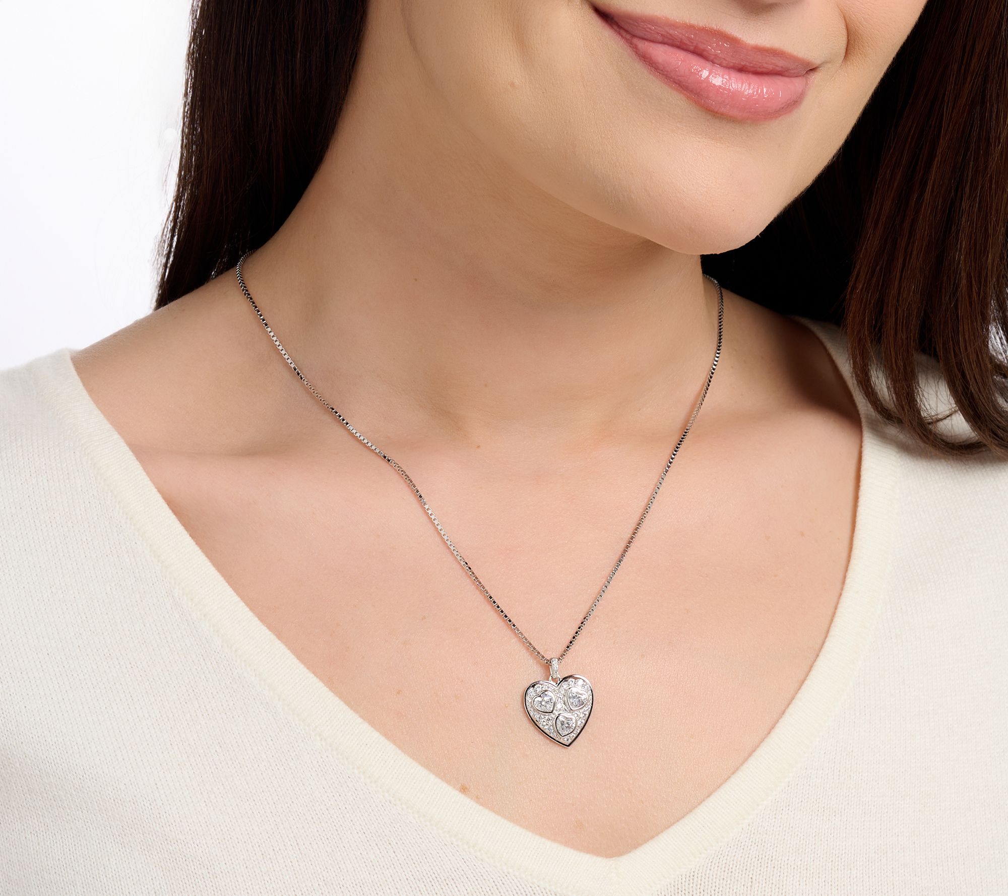 Diamonique x Kathy Levine Three for All Heart Necklace Sterling Silver