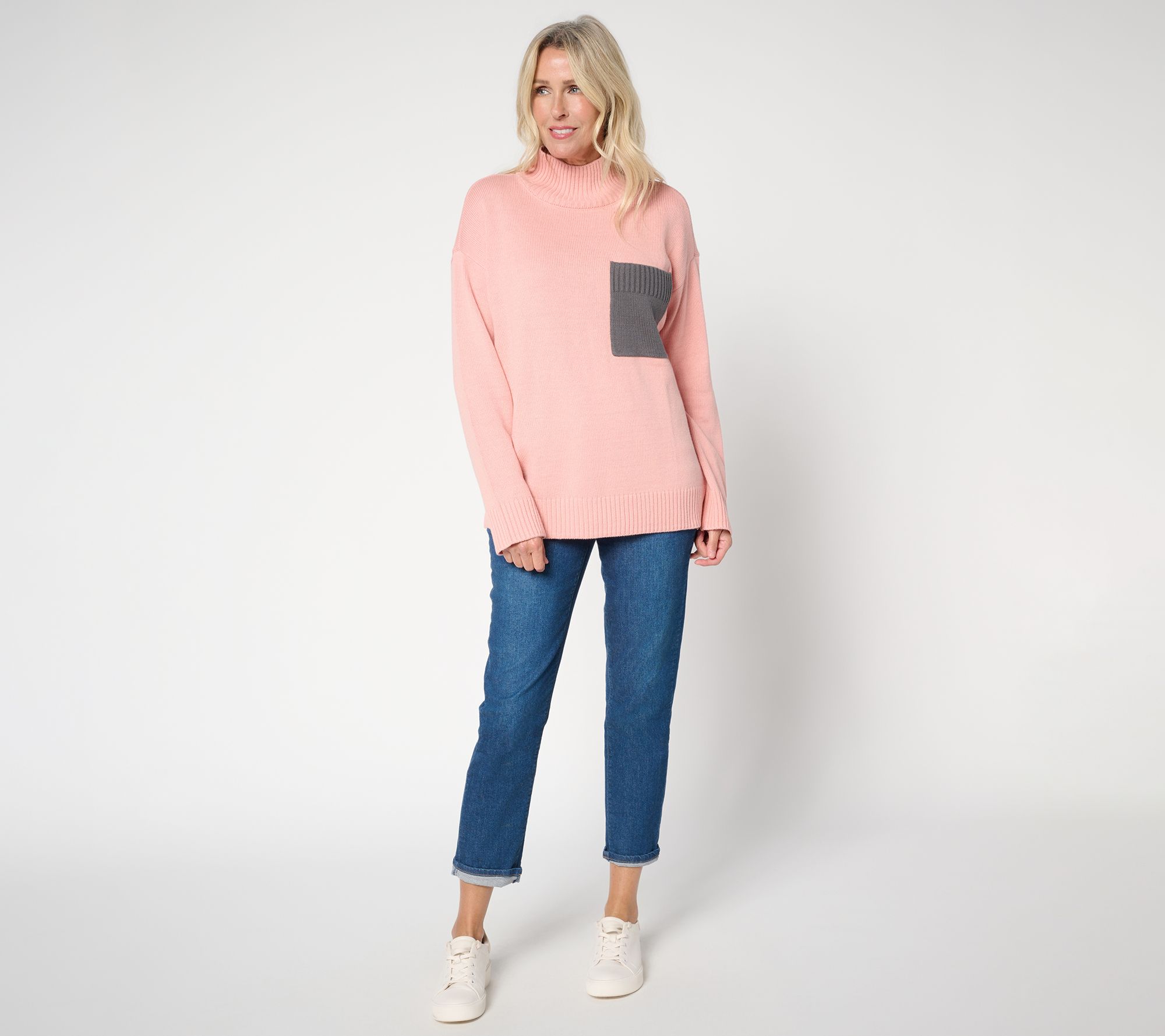 Peace Love World Cotton Turtleneck Color Block Pocket Sweater