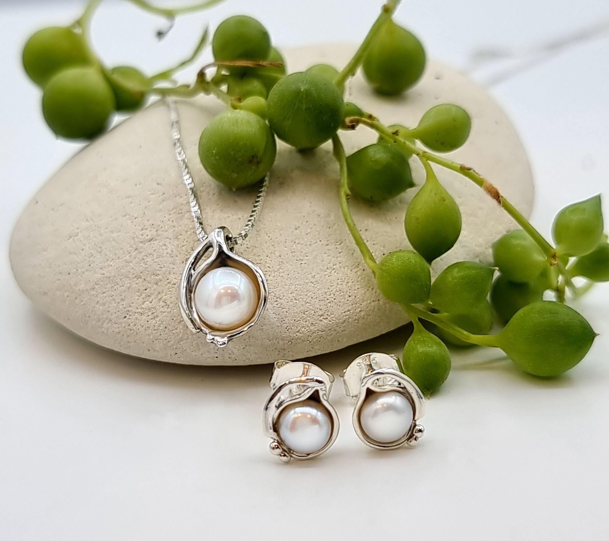 Hagit Sterling Silver Cultured Pearl Necklace &Earrings Set