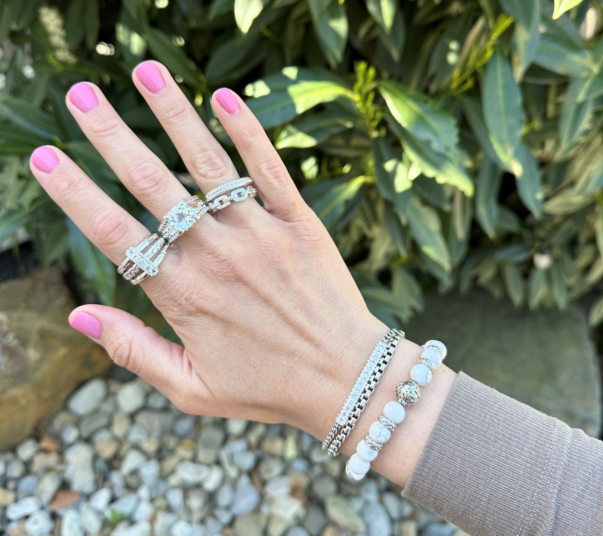 JAI Sterling Silver Heritage Lotus Texture Gem Bead Bracelet