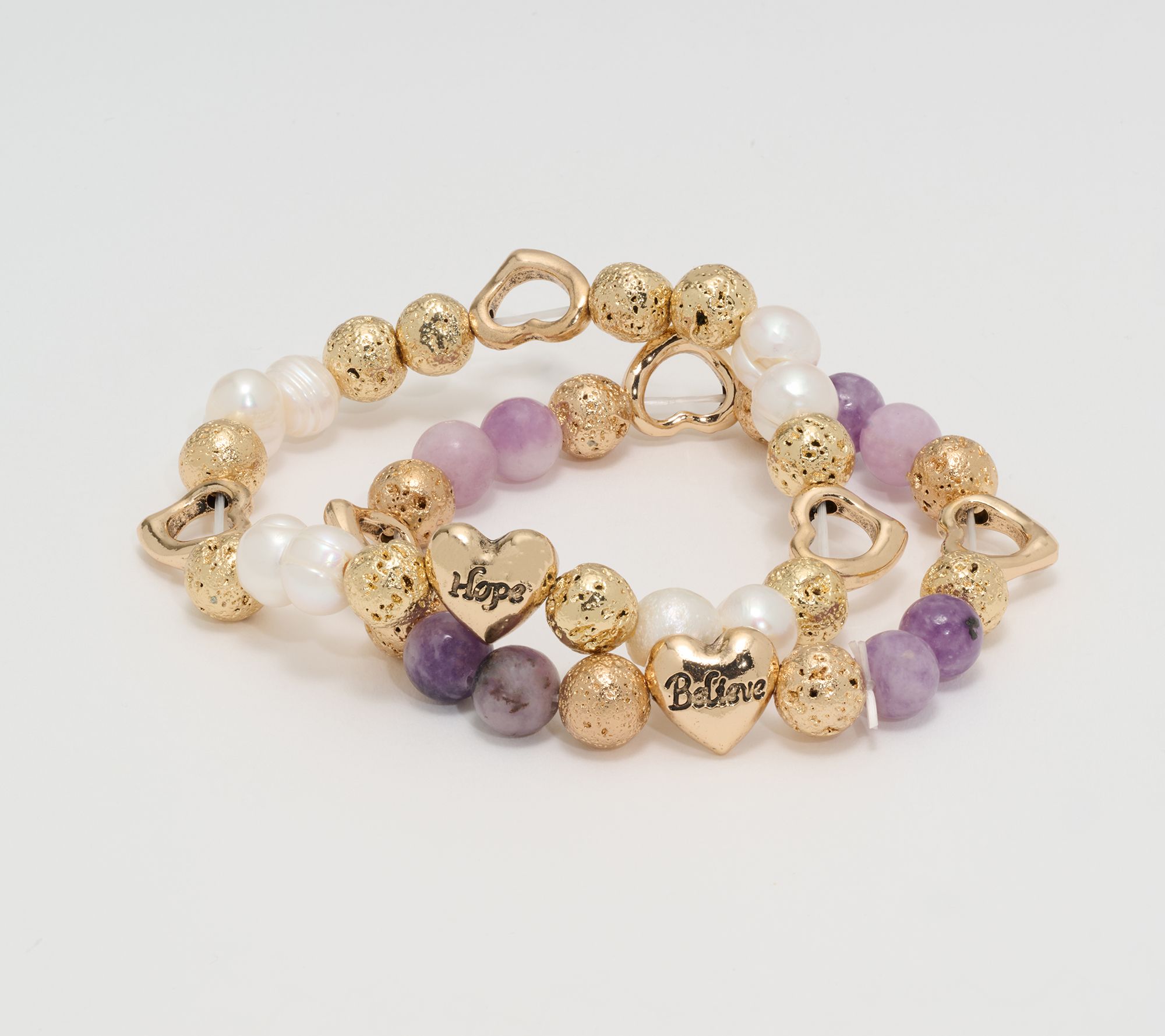 Zorbitz Set of 2 Lava & Gemstone Bead Heart Charm Bracelets