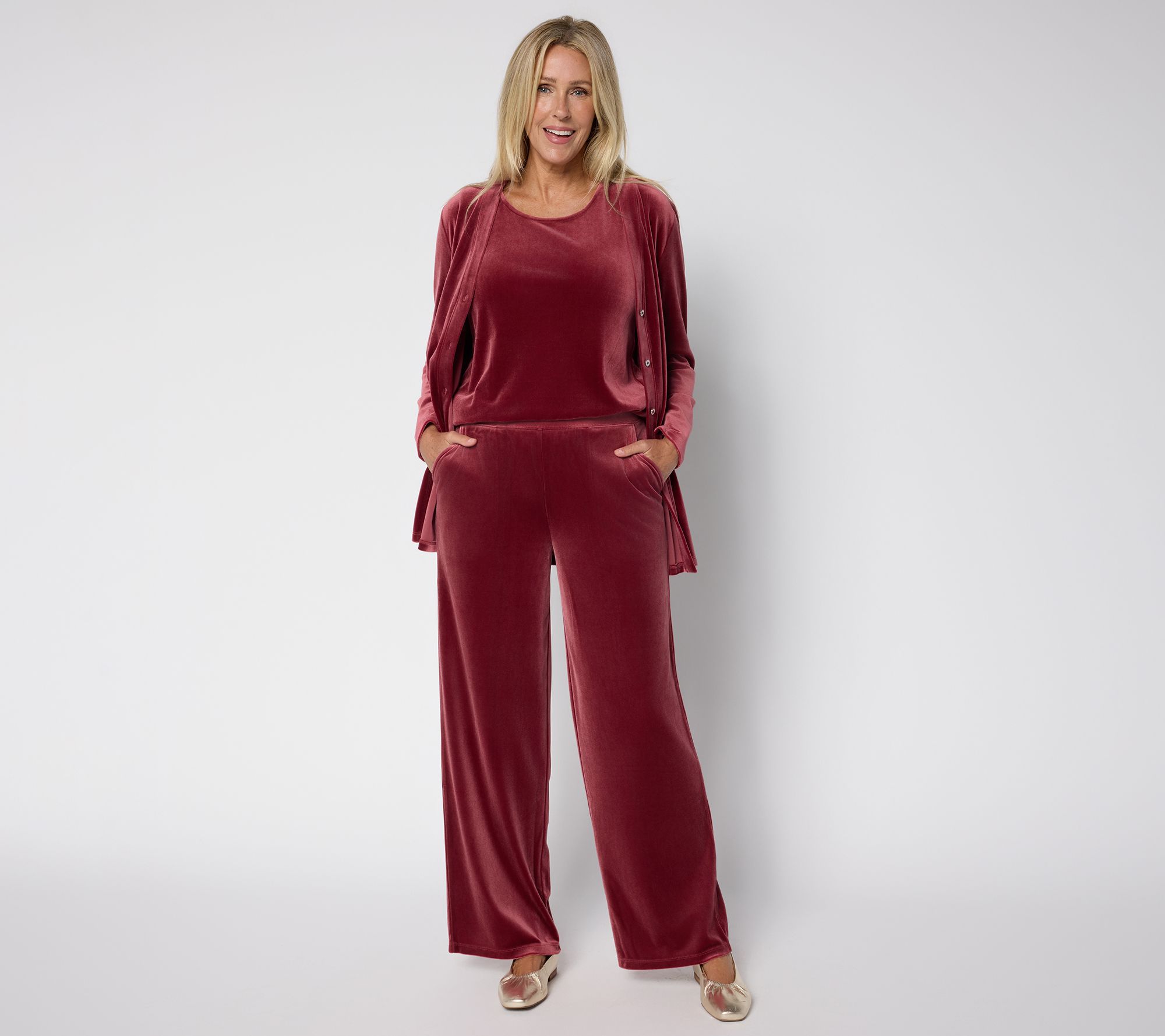 Denim & Co. Petite Knit Velvet Full Length Wide Leg Pant