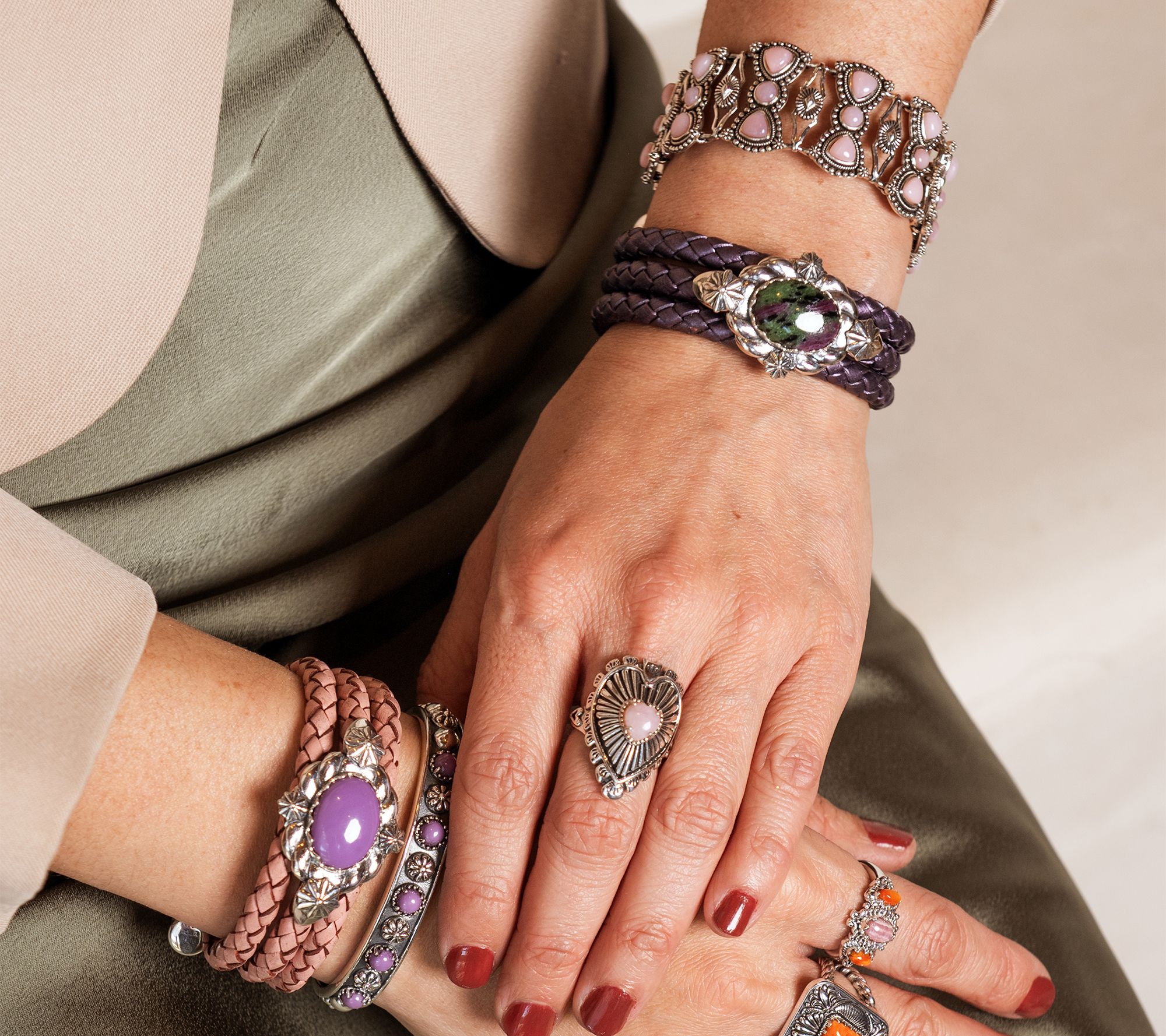 American West Sterl & Leather East-West Gemstone Coil Bracelet