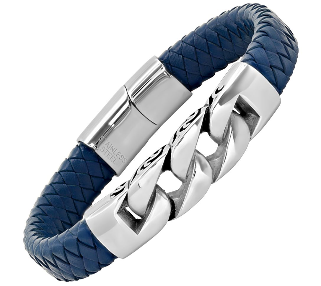 Steel by Design Men's Leather and Stainless Steel Bracelet