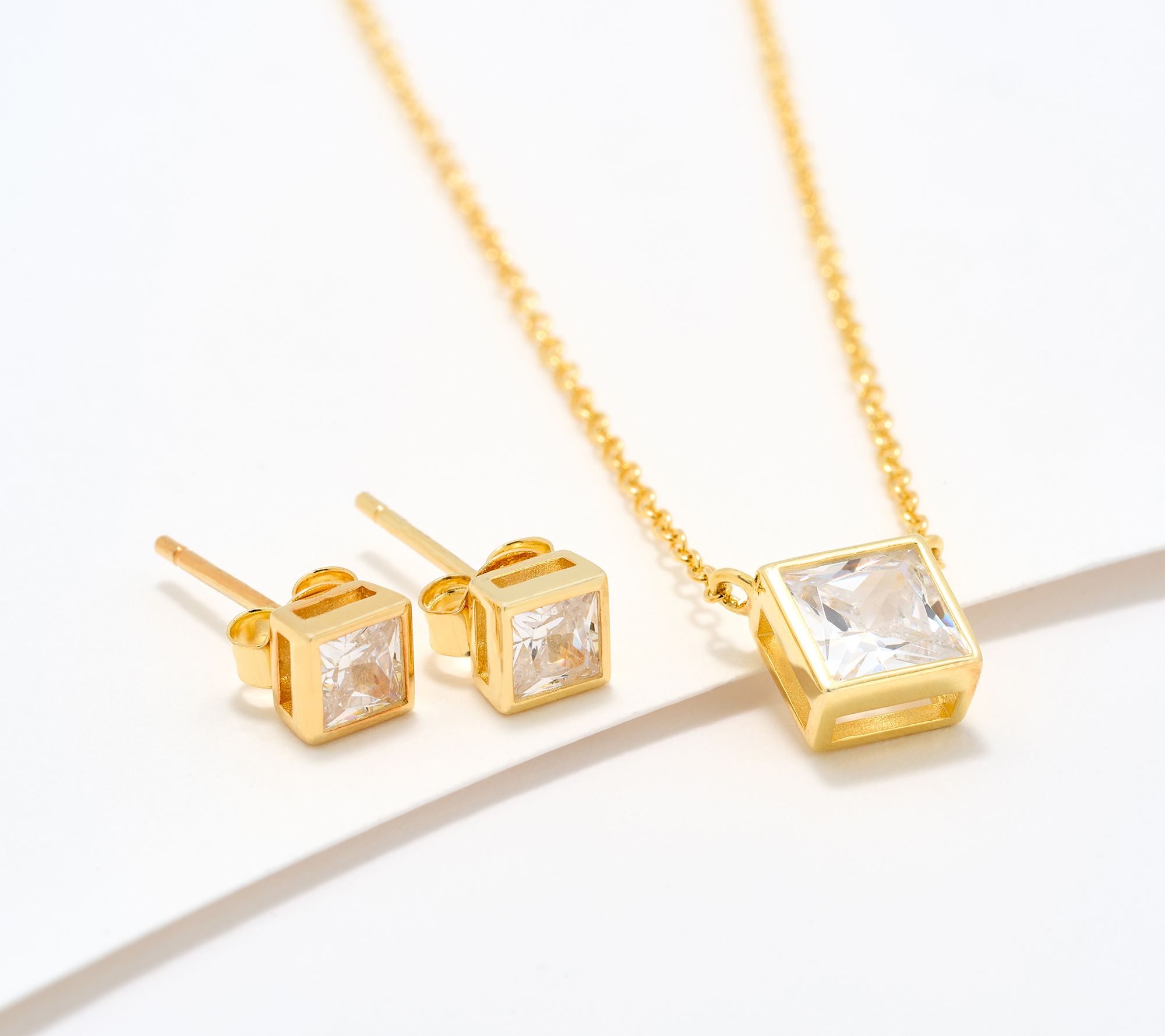 Diamonique Necklace & Stud Earrings Boxed Set, 14K Gold Plated