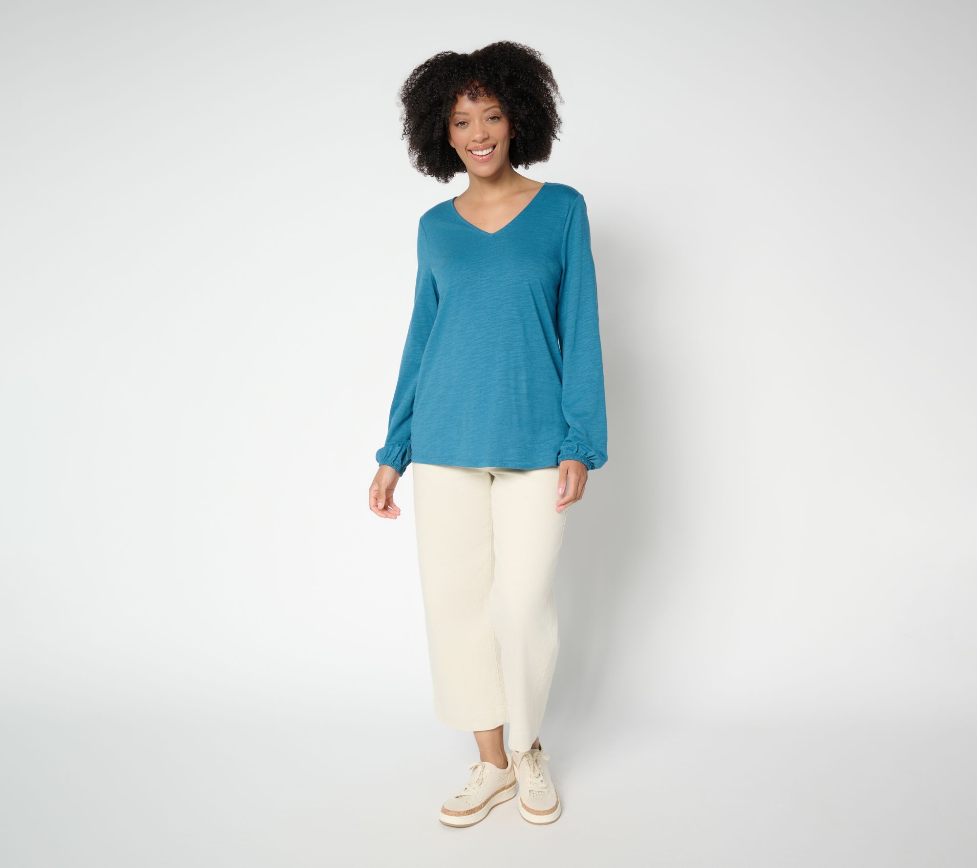 Belle by Kim Gravel Slub Knit V Neck Blouson Sleeve Top