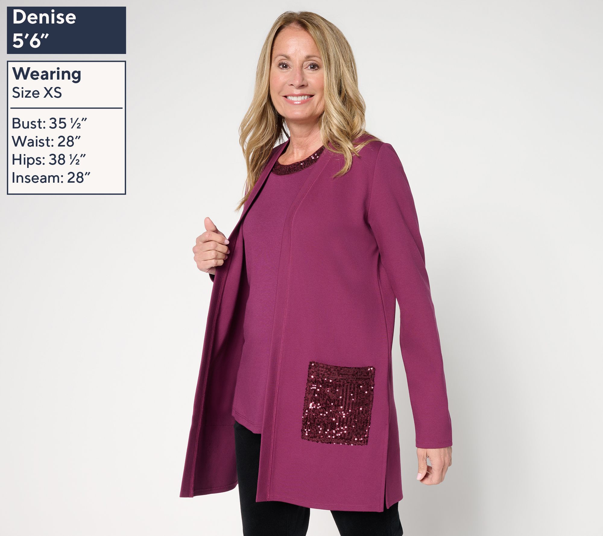 Jingle Belles by Kim Gravel Petite Sequin Pocket Ponte Duster Cardigan