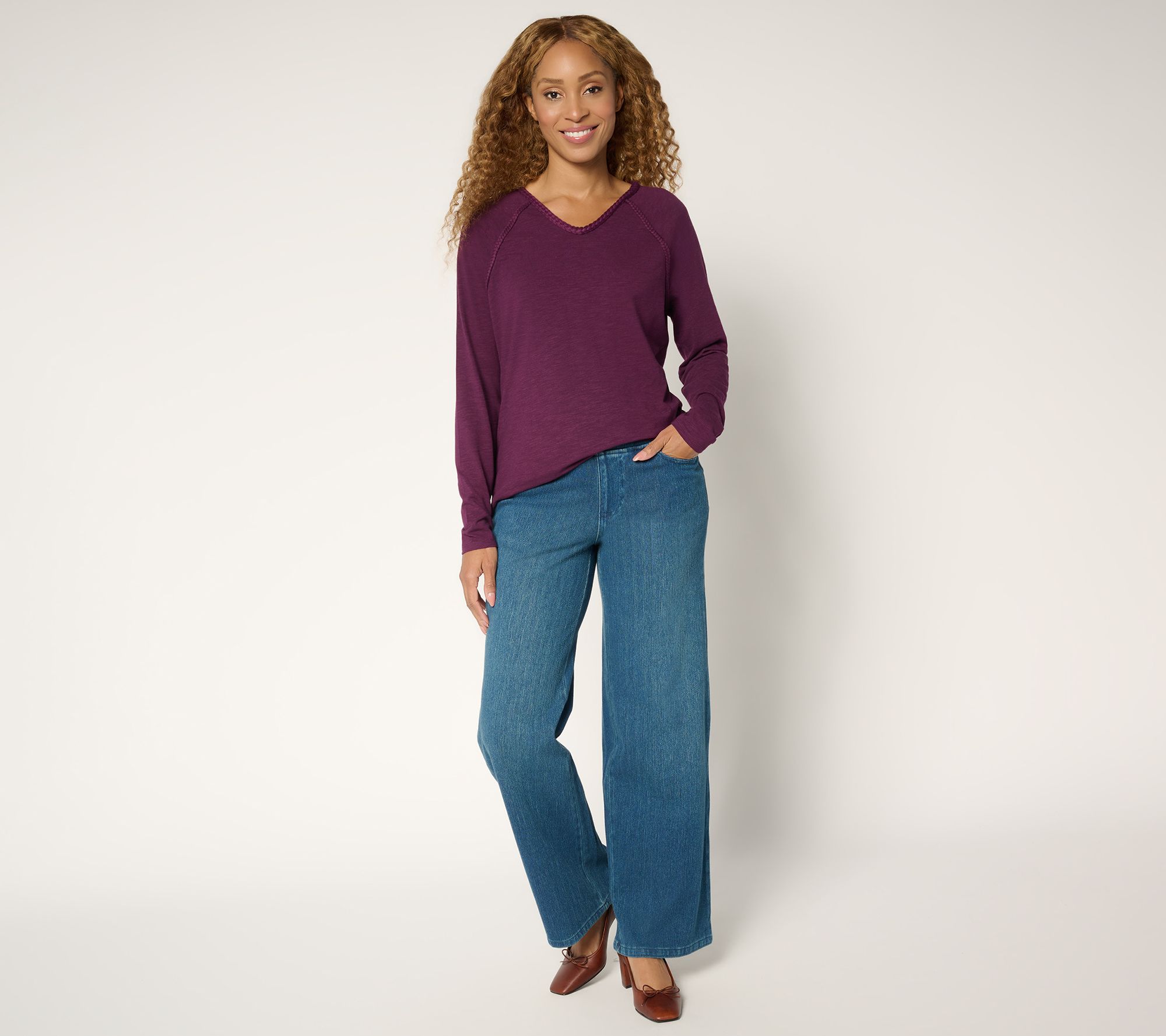 Belle Boho by Kim Gravel Slub Knit Braided Raglan V-Neck Top