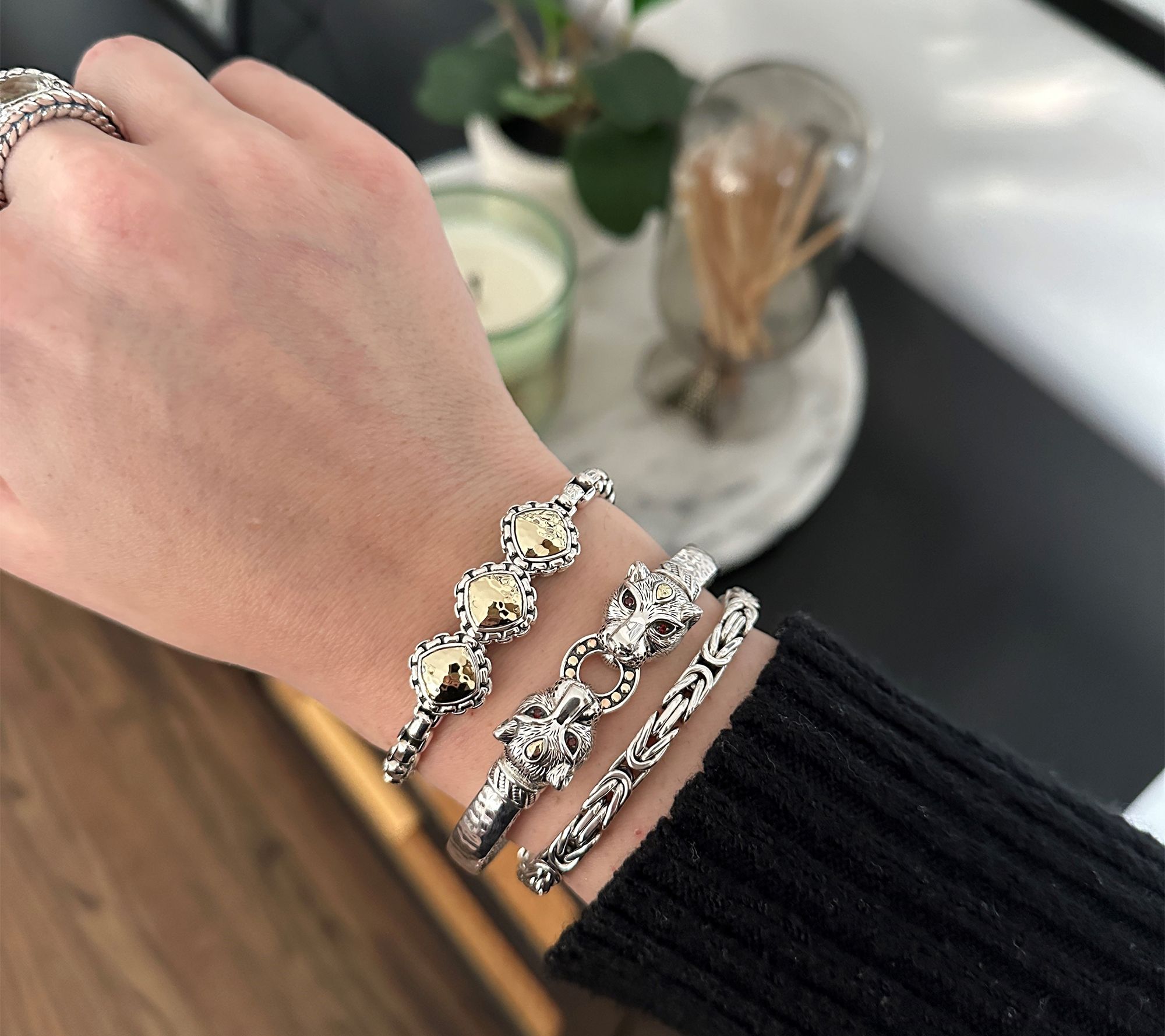 JAI Sterling & 14K Figurative Bangle Bracelet, 31.9g