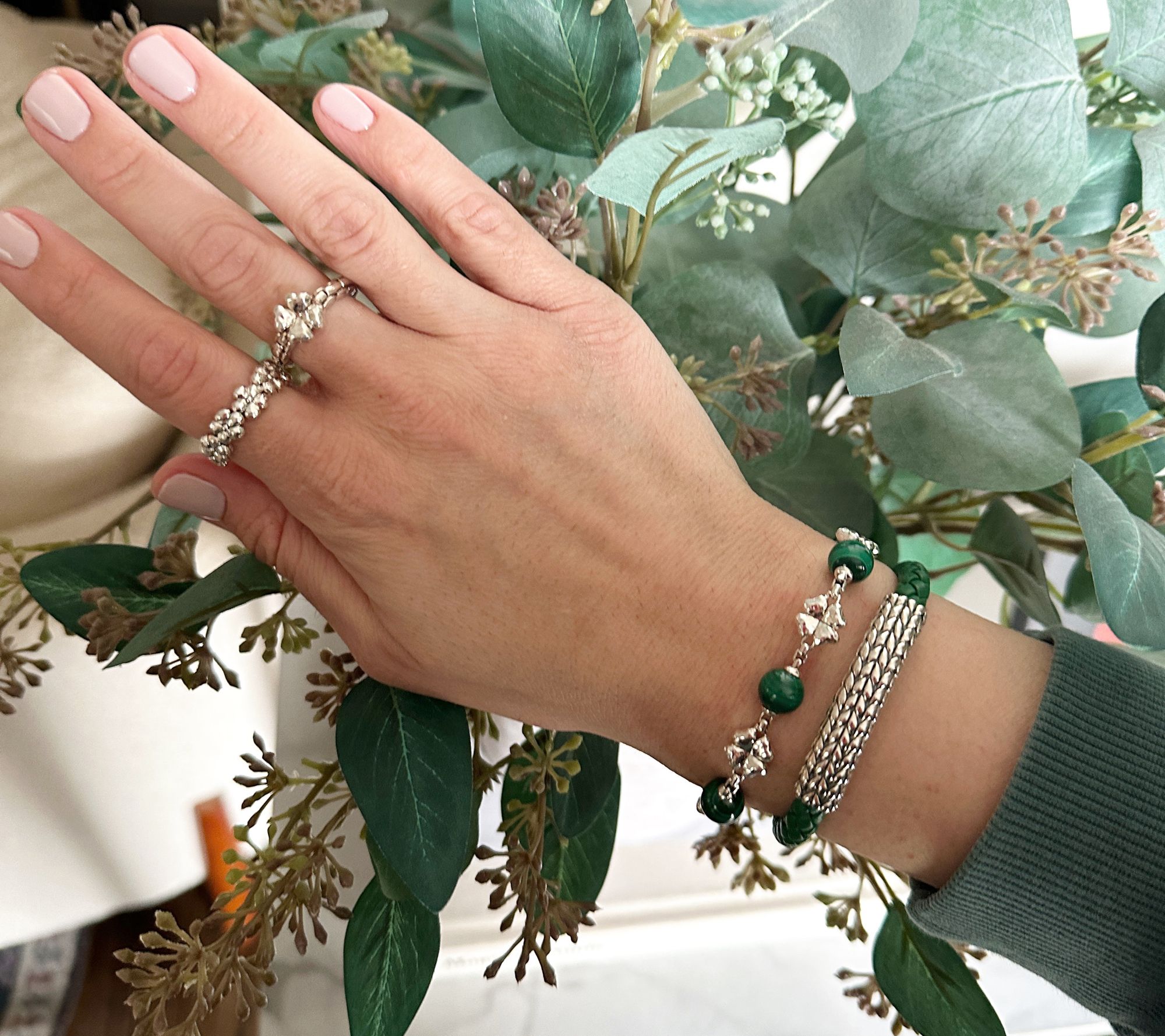 JAI Sterling Silver Clover & Malachite Bead Bracelet