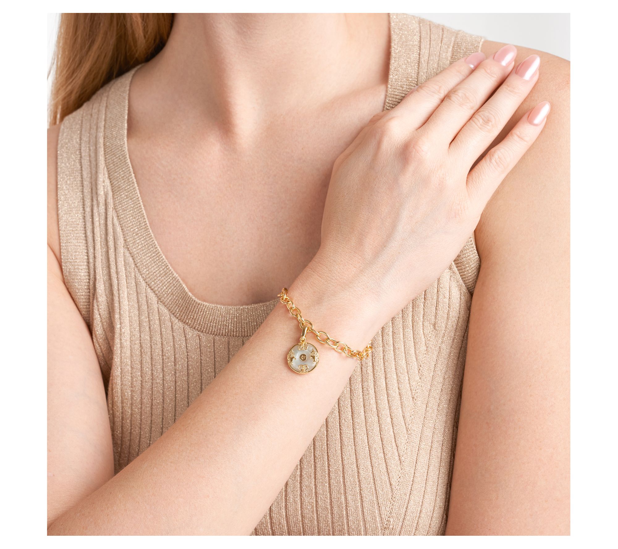 18K Gold Plated Jade Charm Toggle Bracelet