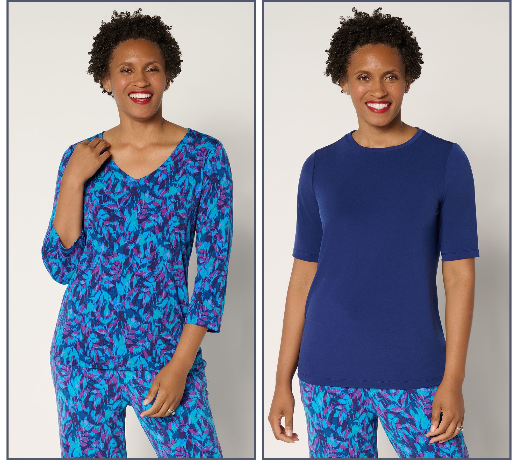Susan Graver Set of 2 Liquid Knit Print & Solid Tops