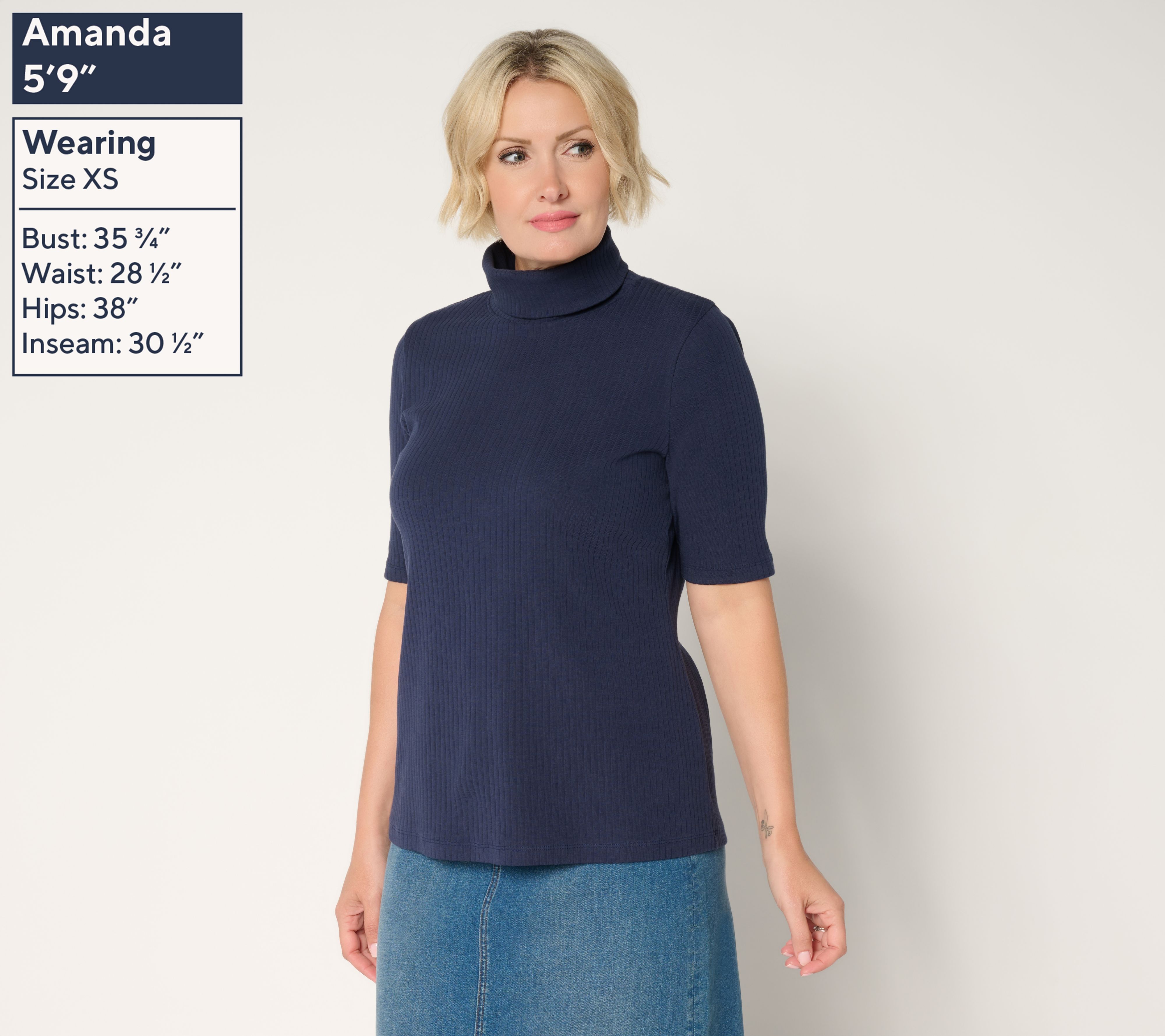 Denim & Co. Essentials Ribbed Elbow Sleeve Turtleneck Top