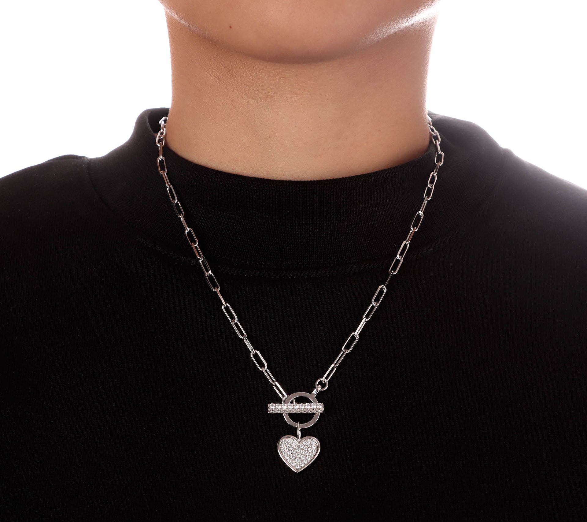 Diamonique Italia Pave Dangle Heart Toggle Necklace, Sterling