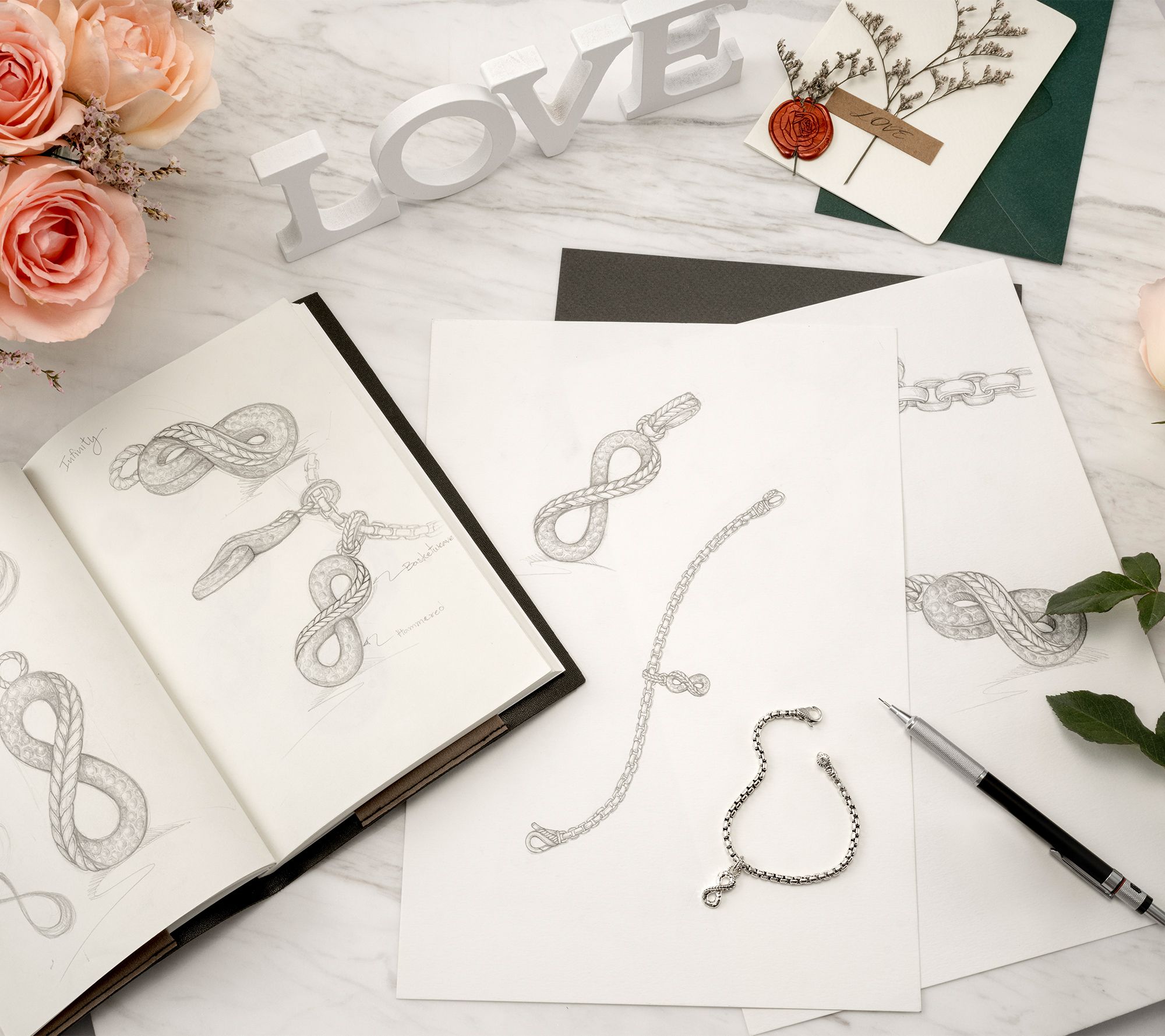 JAI Sterling Silver Symbols of Love 3.7mm Box Chain Charm Bracelet