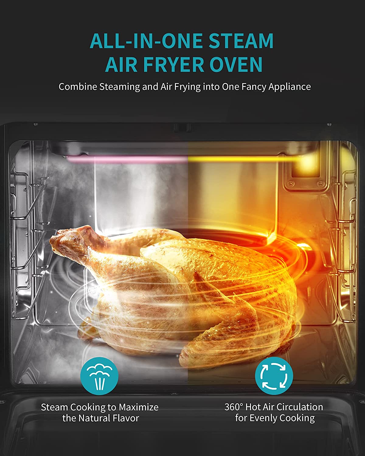 Ultrean 16 Quart Steam Air Fryer Oven, 12-in-1 Steamer and Air Fryer Toaster Oven Combo, 8 Cooking Presets, Steam, Roast, Bake, Broil, Toast, Pizza, 3 Accessories & 50 Recipes Included