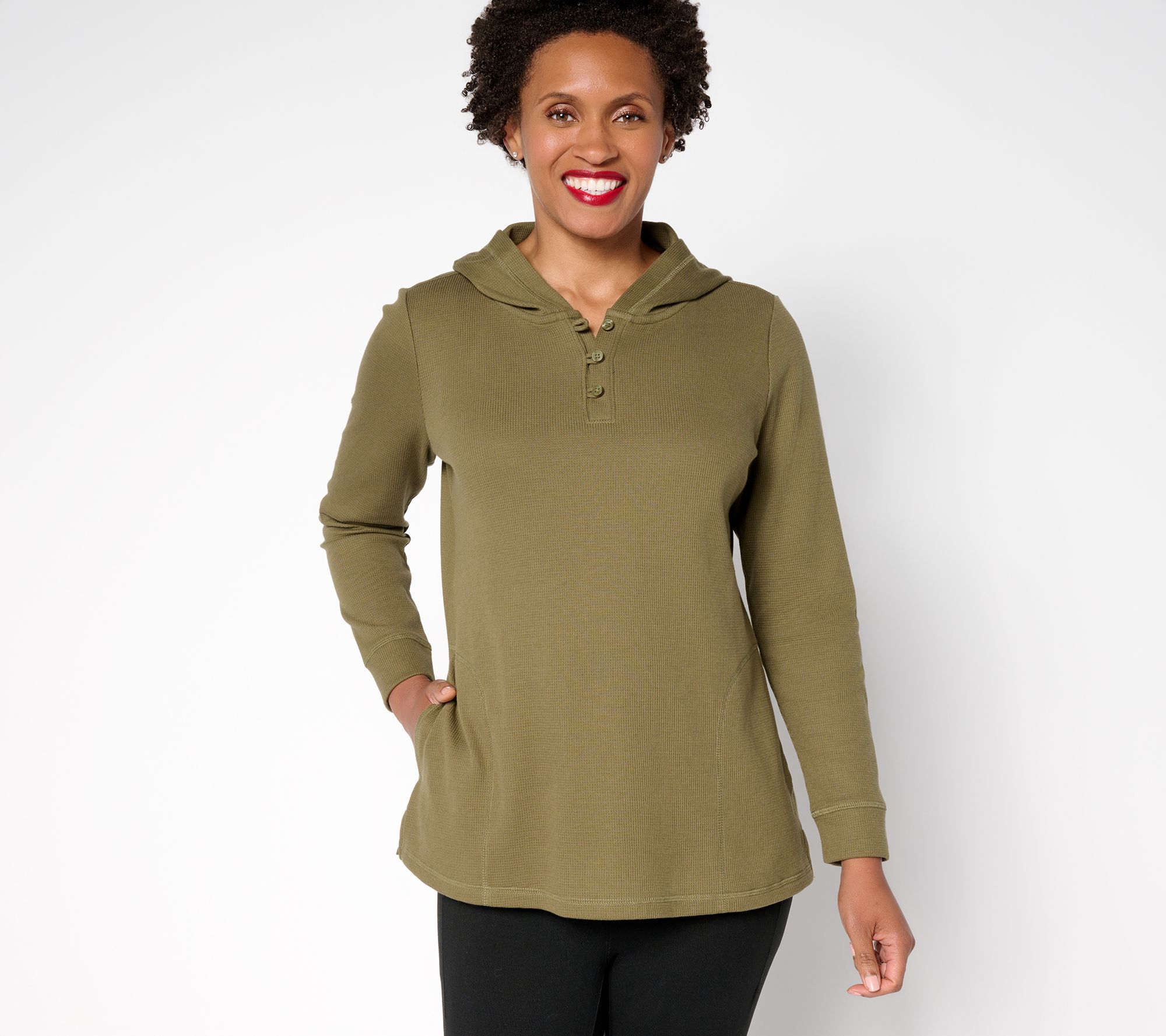 Denim & Co. Active Regular Waffle Knit Hooded Henley Tunic