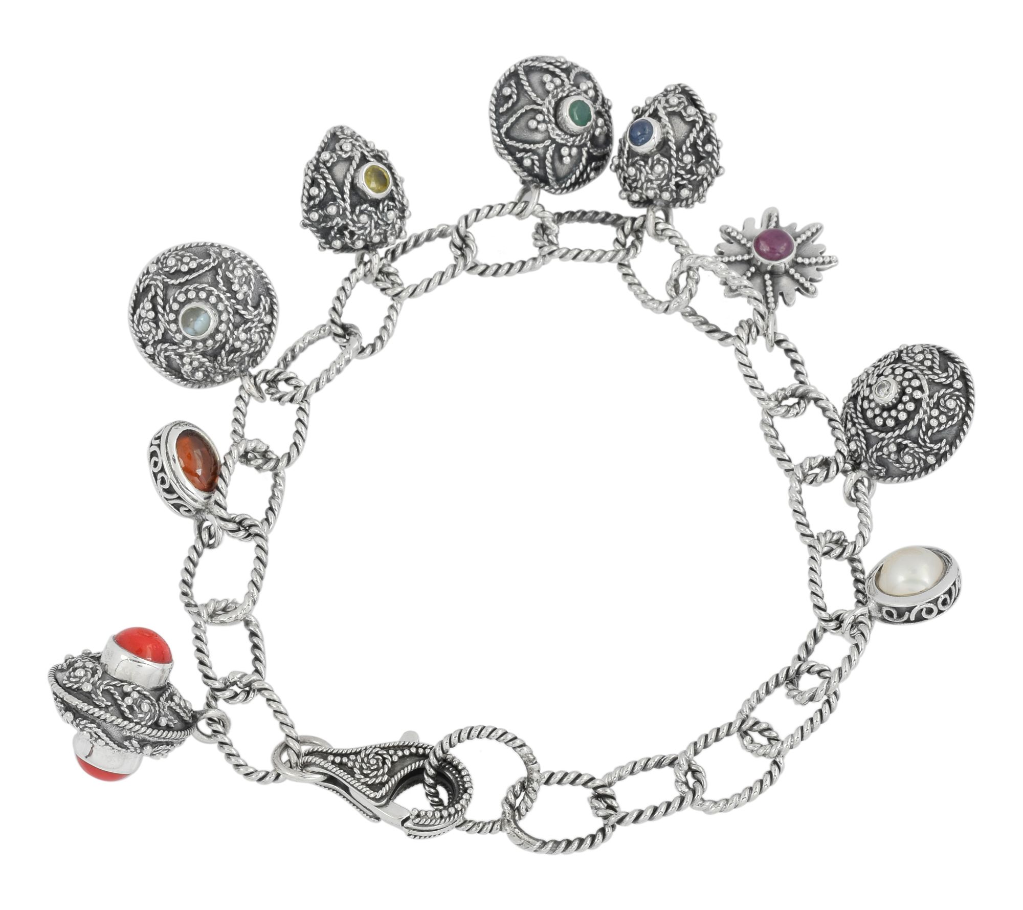 Artisan Crafted Sterling Silver Multi-GemstonesCharm Bracelet