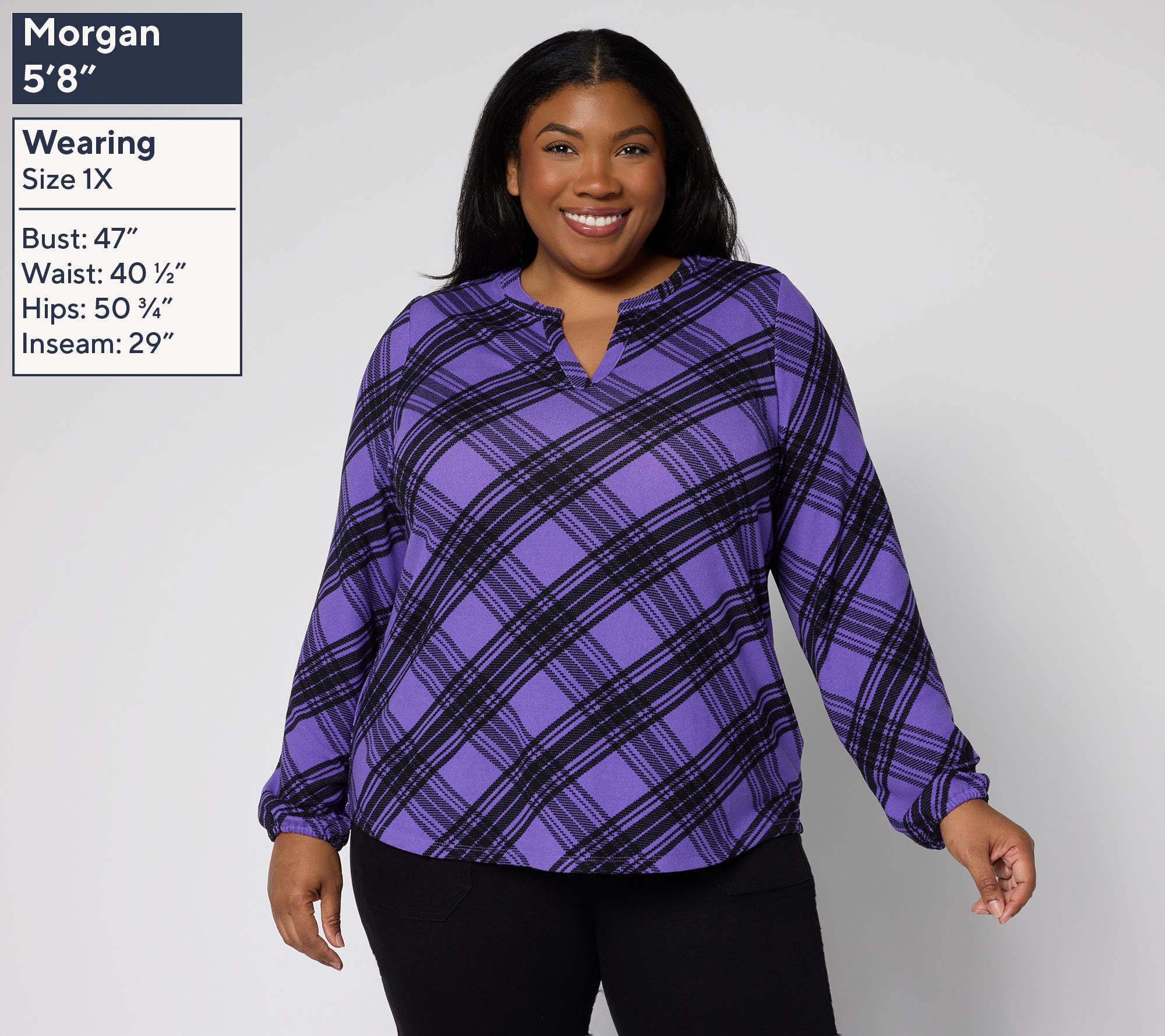 Denim & Co. Plaid Heavenly Jersey Split V-Neck Long Sleeve Top