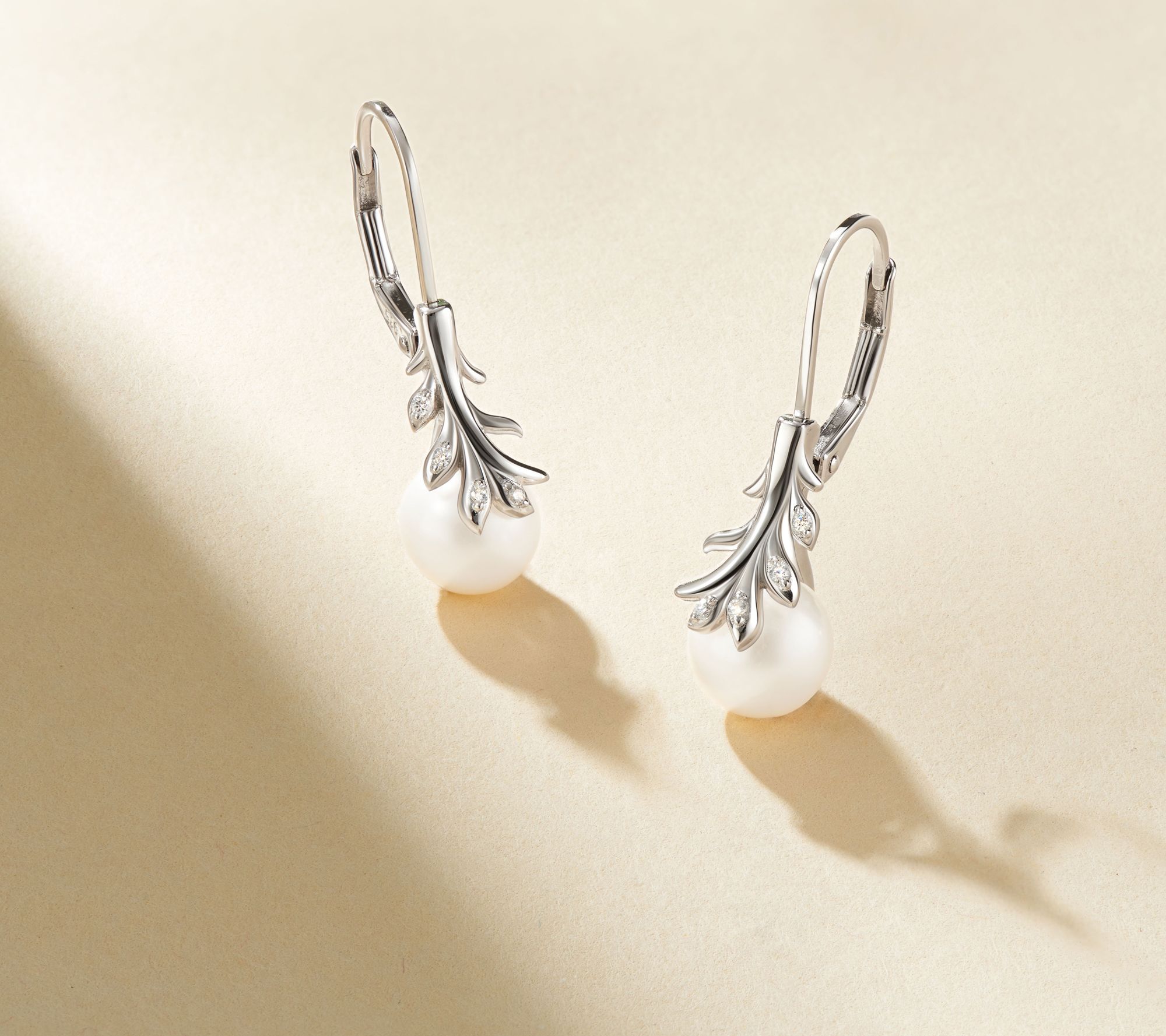 Diamonique Leafy Cultured Pearl Dangle Earrings, Sterling