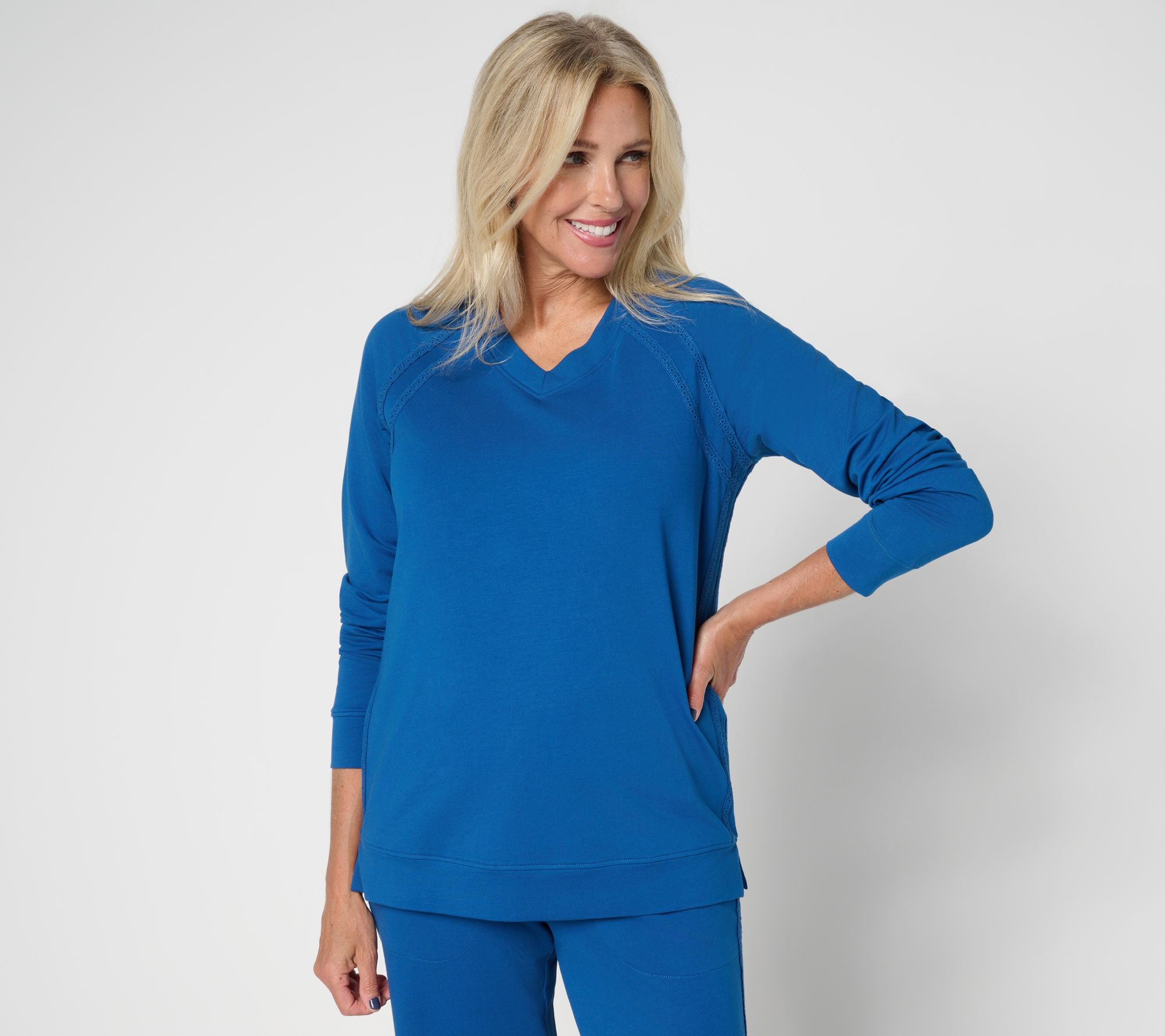 Denim & Co. Active French Terry V-Neck Pullover with Side Trim