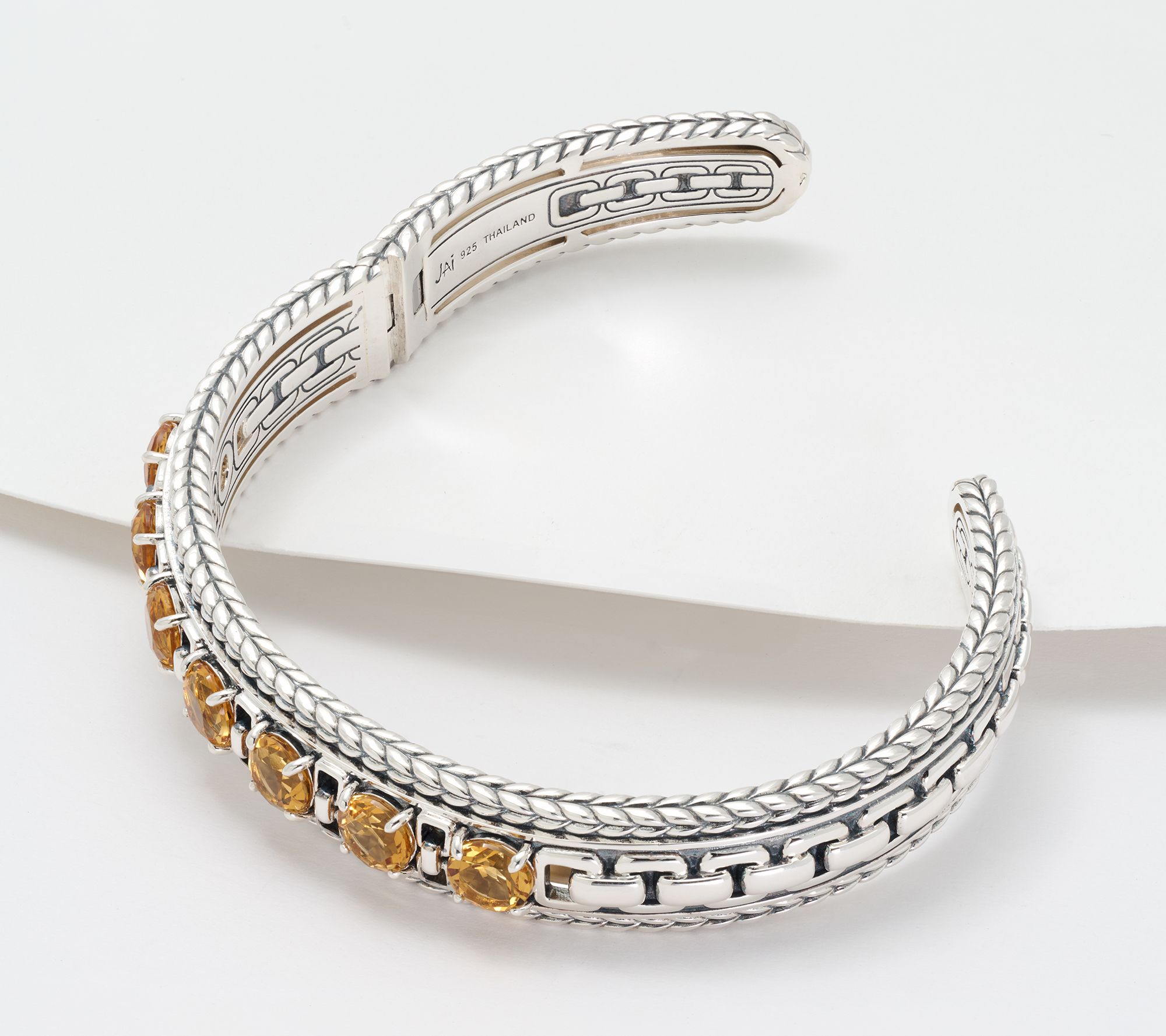 JAI Sterling Silver Round Gemstone Box Chain Cuff Bracelet