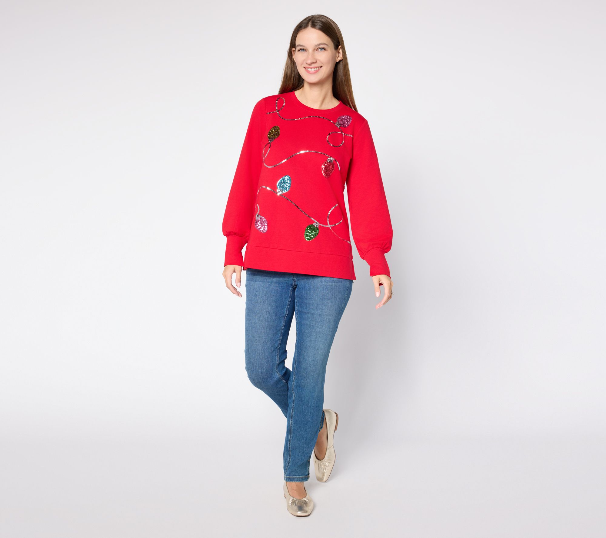 Jingle Belles by Kim Gravel Sequin Holiday Lights Knit Top