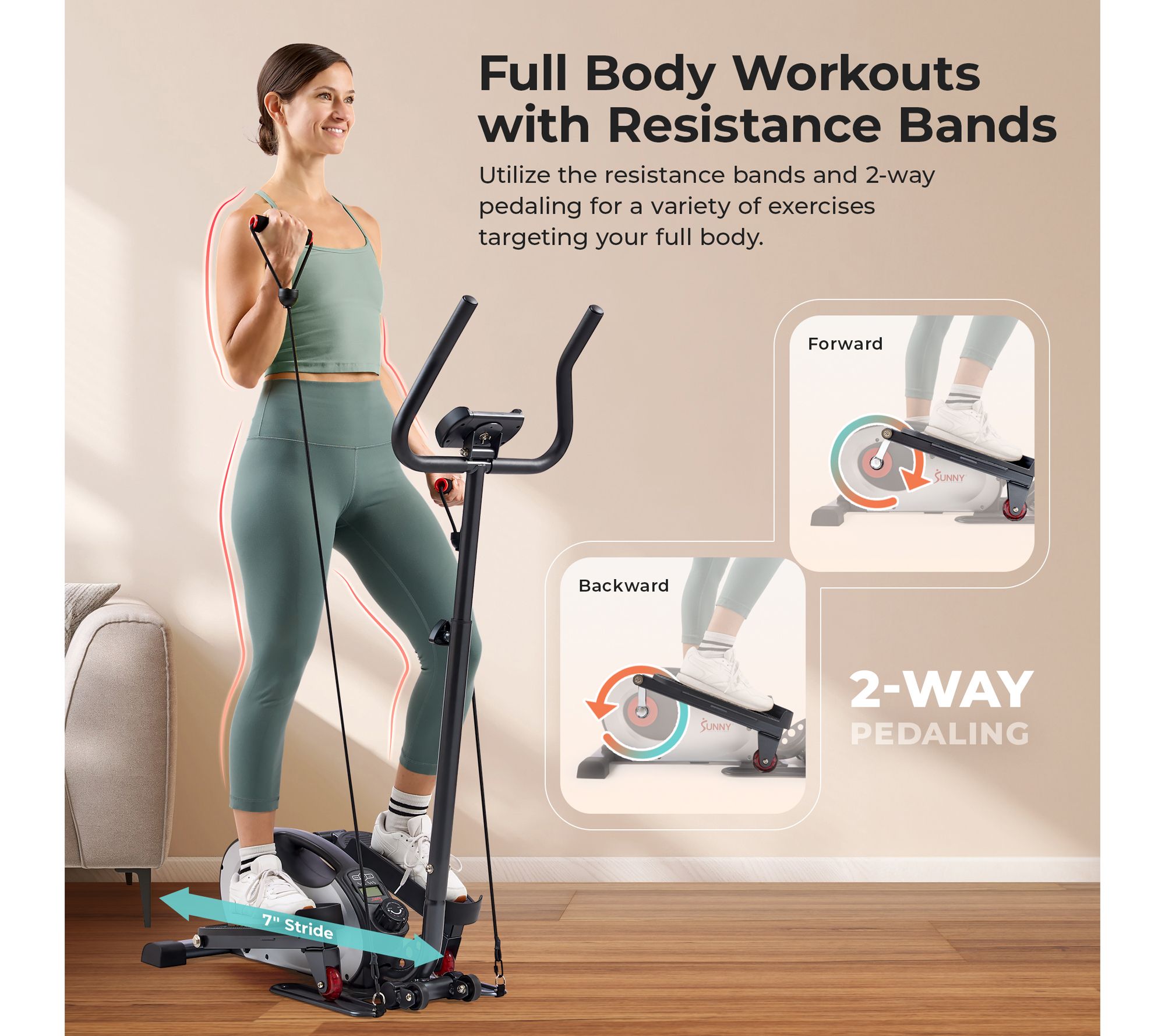 Sunny Smart Compact Elliptical w Elastic Bands