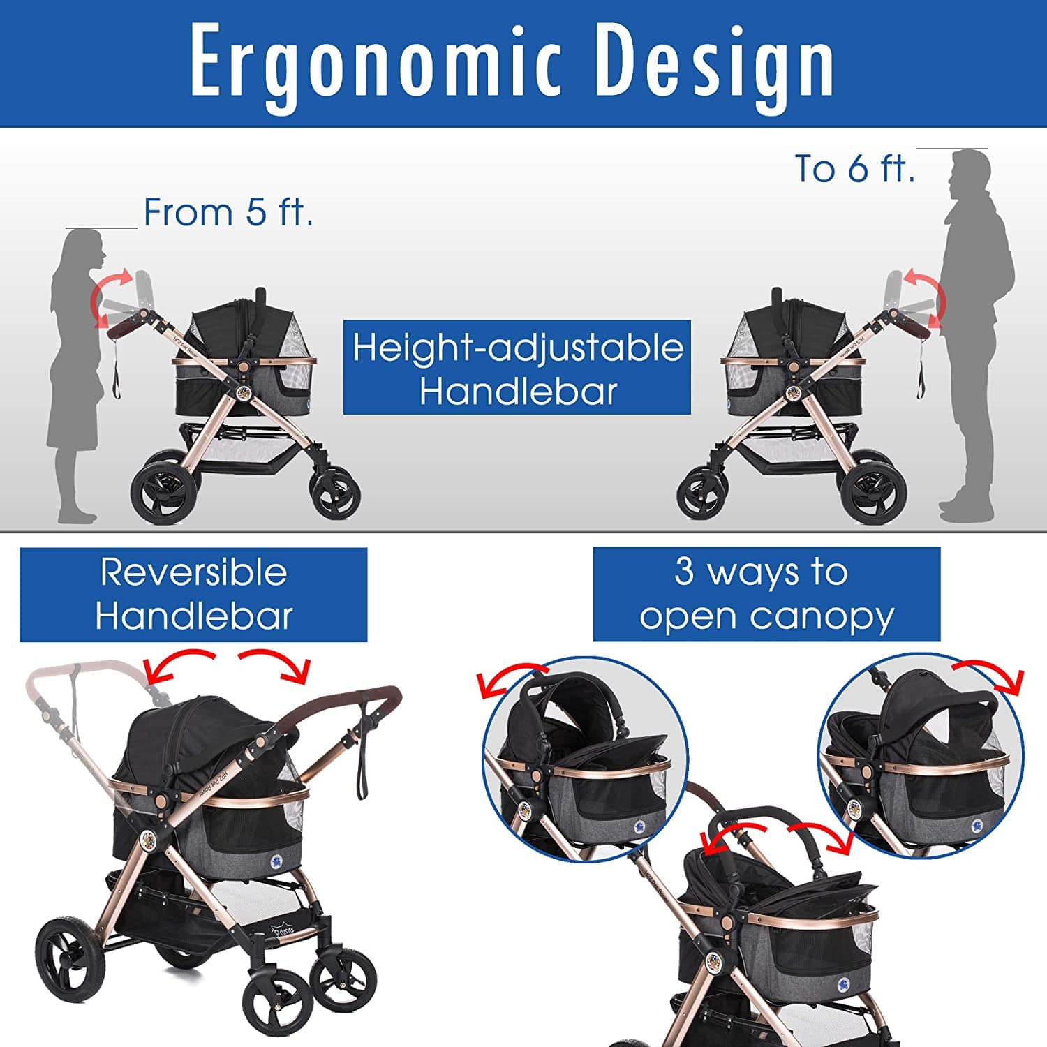 HPZ™ PET ROVER PRIME Luxury 3-in-1 Stroller for Small/Medium Dogs, Cats and Pets (Black)