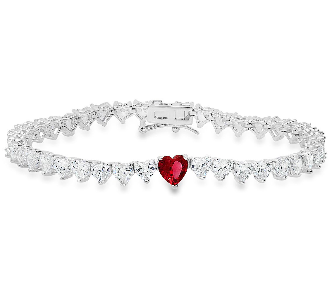 Sterling Silver Simulated Gemstone Heart-Cut Tennis Bracelet