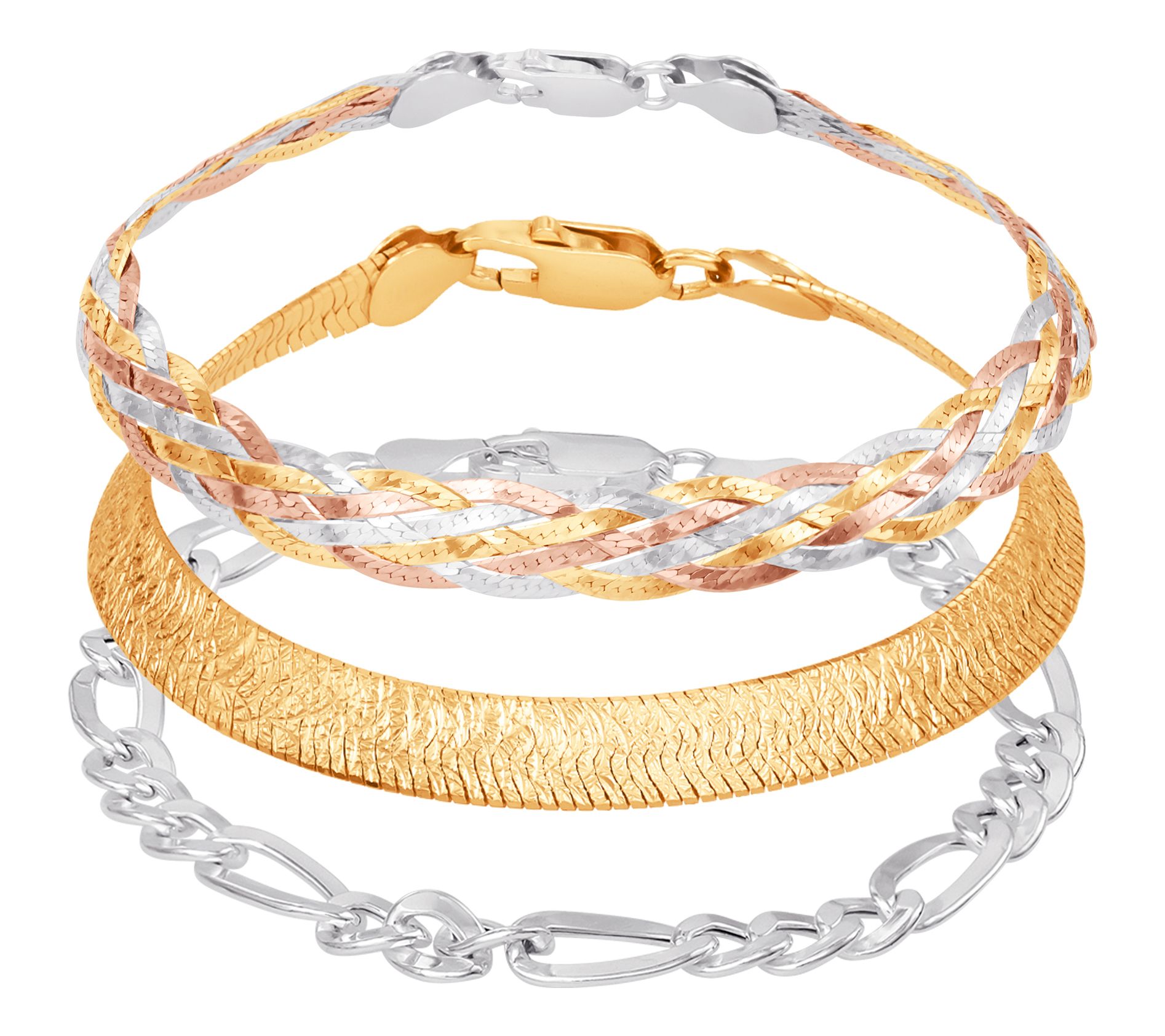 Silver Style Tri-Color Triple Bracelet Set, Sterling